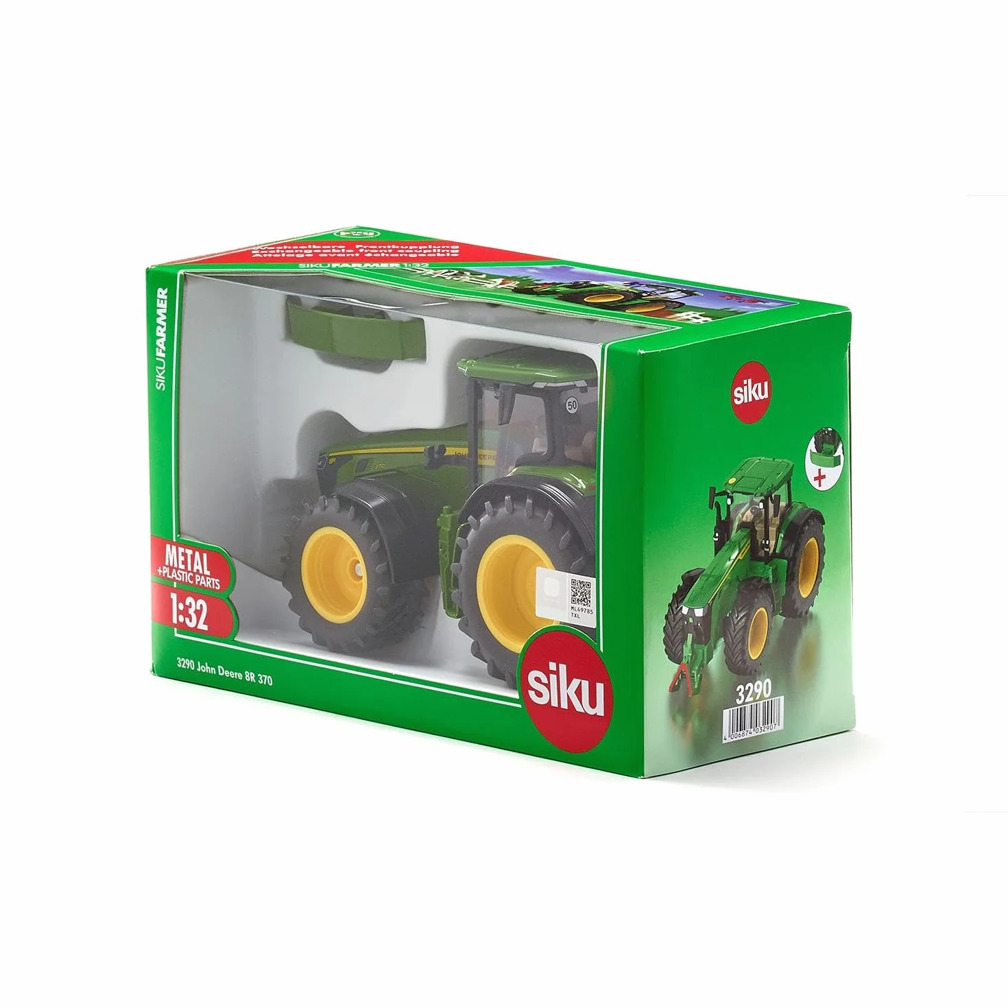 Siku 3290, John Deere 8R 370, 1:32, Metal,Tworzywo sztuczne, Zielony, Z obciążeniem przednim, Otwierana pokrywa silnika