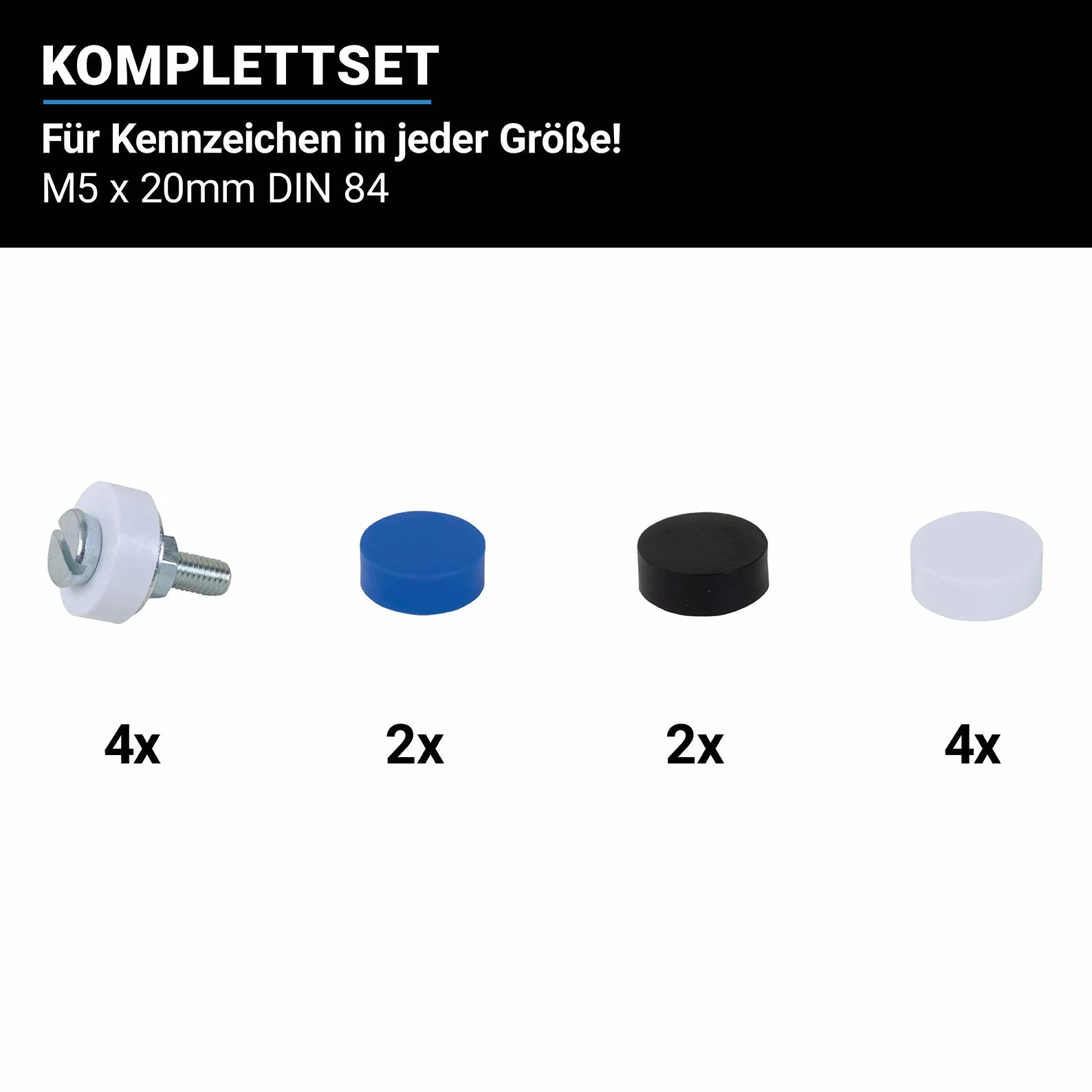 A0023-1 Zestaw płytek z 4 śrubami M5 x 20 mm z zaślepkami do samochodu, motocykla, skutera, tablicy rejestracyjnej roweru