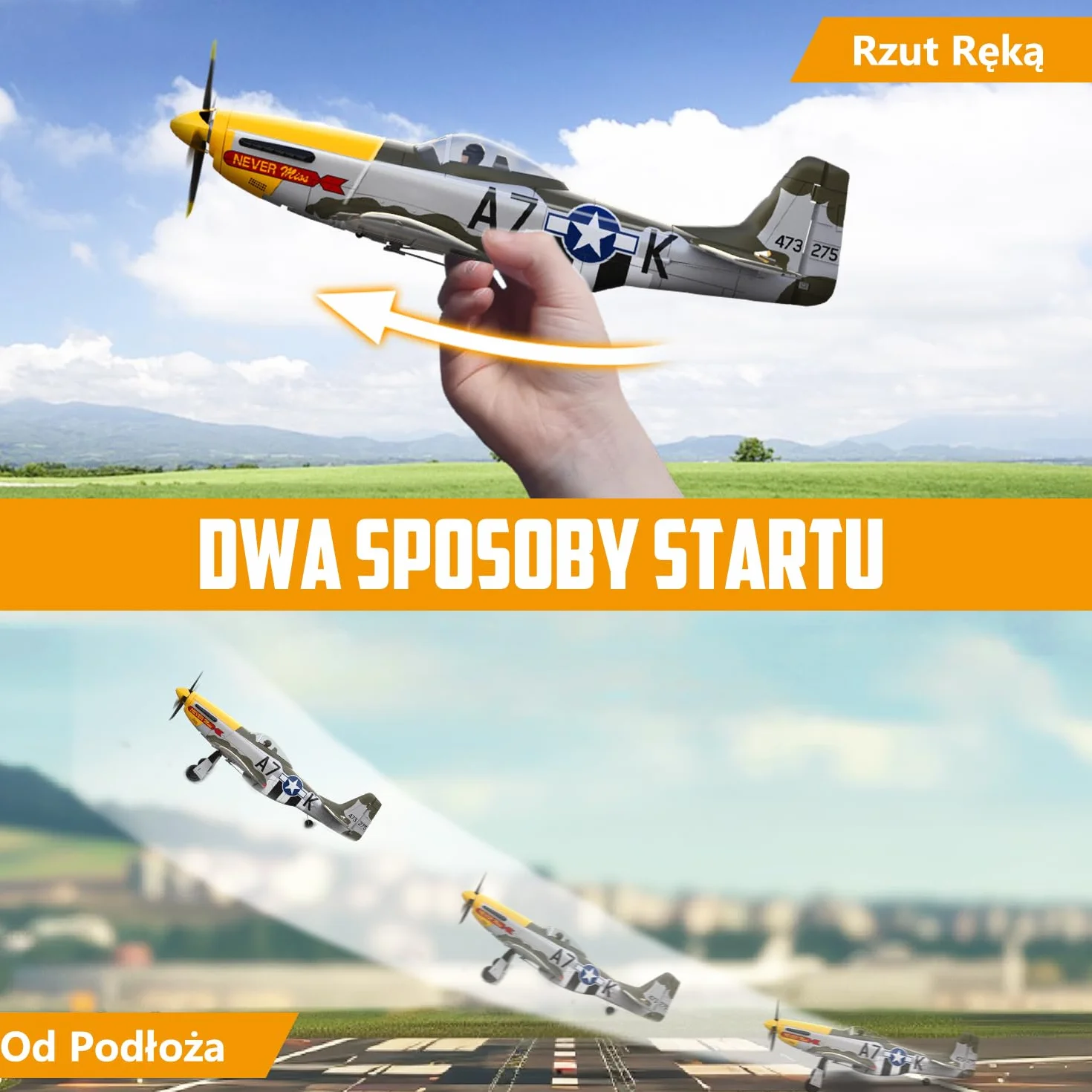 HAWK'S WORK Samolot RC P-51D Mustang 500mm, 4-kanałowy Zdalnie Sterowany Warbird RTF, Silnik Bezszczotkowy 6-osiowy Żyroskop 3 Tryby Lotu, Łatwy w Pilotażu dla Początkujących Chłopców i Dorosłych