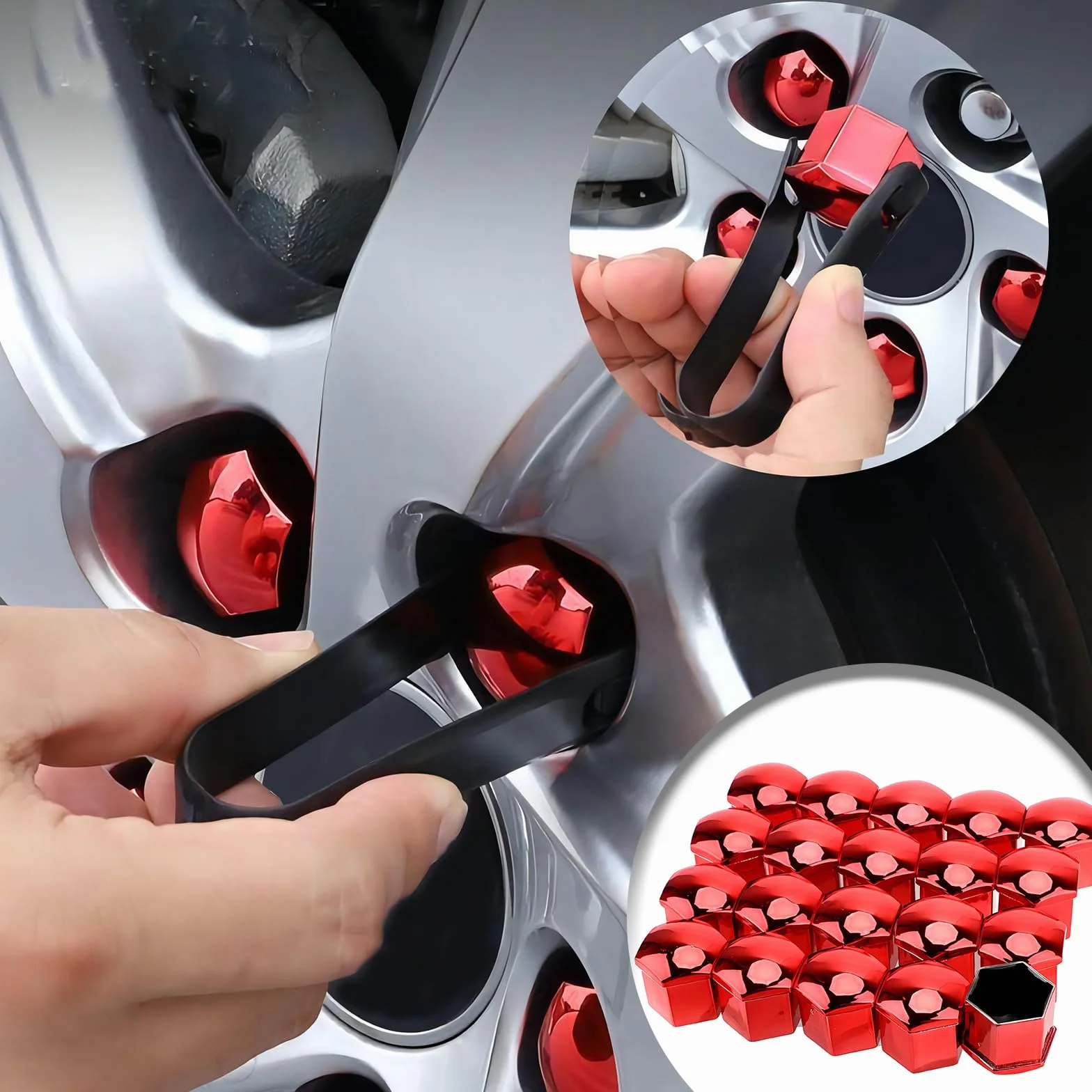 Uniwersalne chromowane osłony na nakrętki kół 17 mm 20 sztuk czerwone