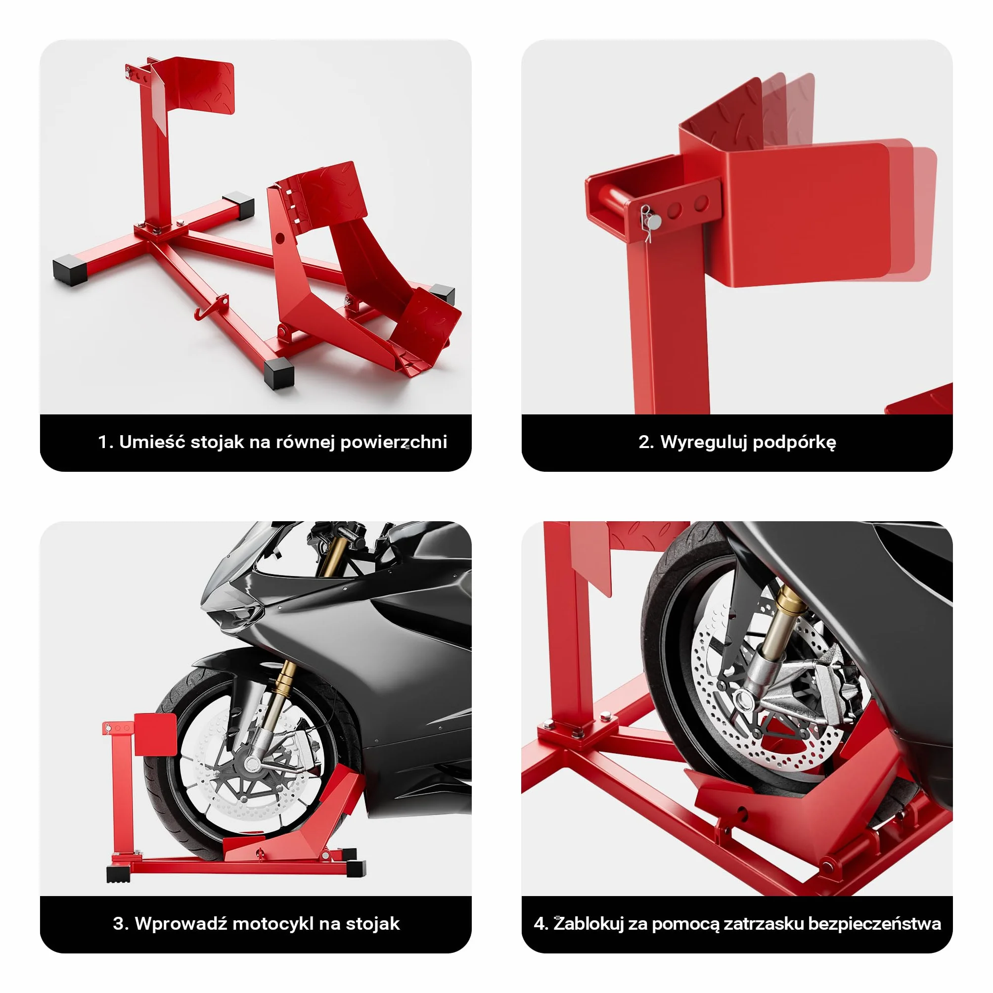 Wiltec Stojak na motocykl o wymiarach 670 x 480 mm do przedniego koła 17-21" o szerokości 60-160 mm, stojak do serwisu koła motocyklu
