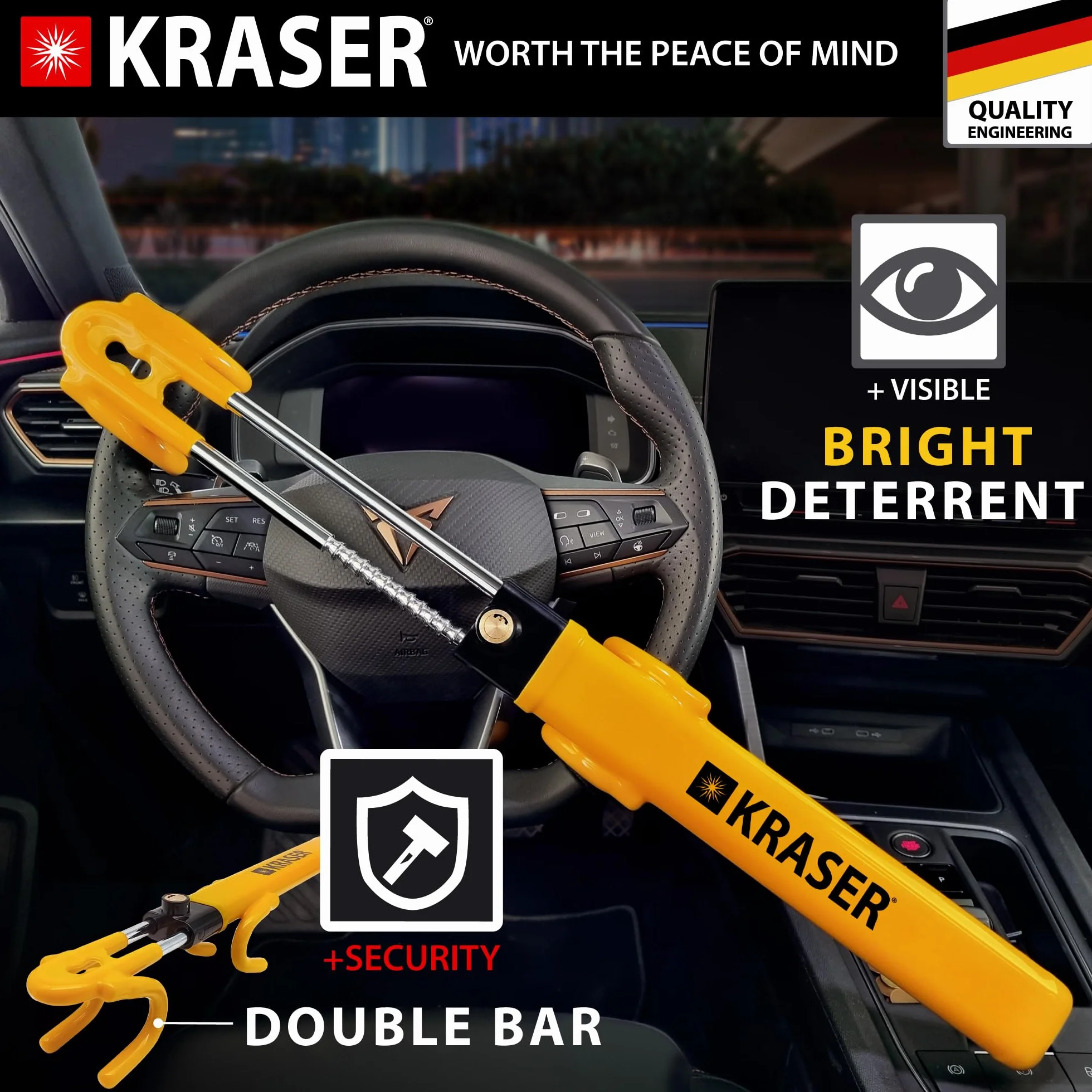 KRASER KR842Y Anti Theft Car Double Hak Regulowana kierownica Wysokie bezpieczeństwo Odstraszający Ochrona przed zarysowaniem Immobilizer Blokada Kierownicy Uniwersalny Samochód Van Caravan