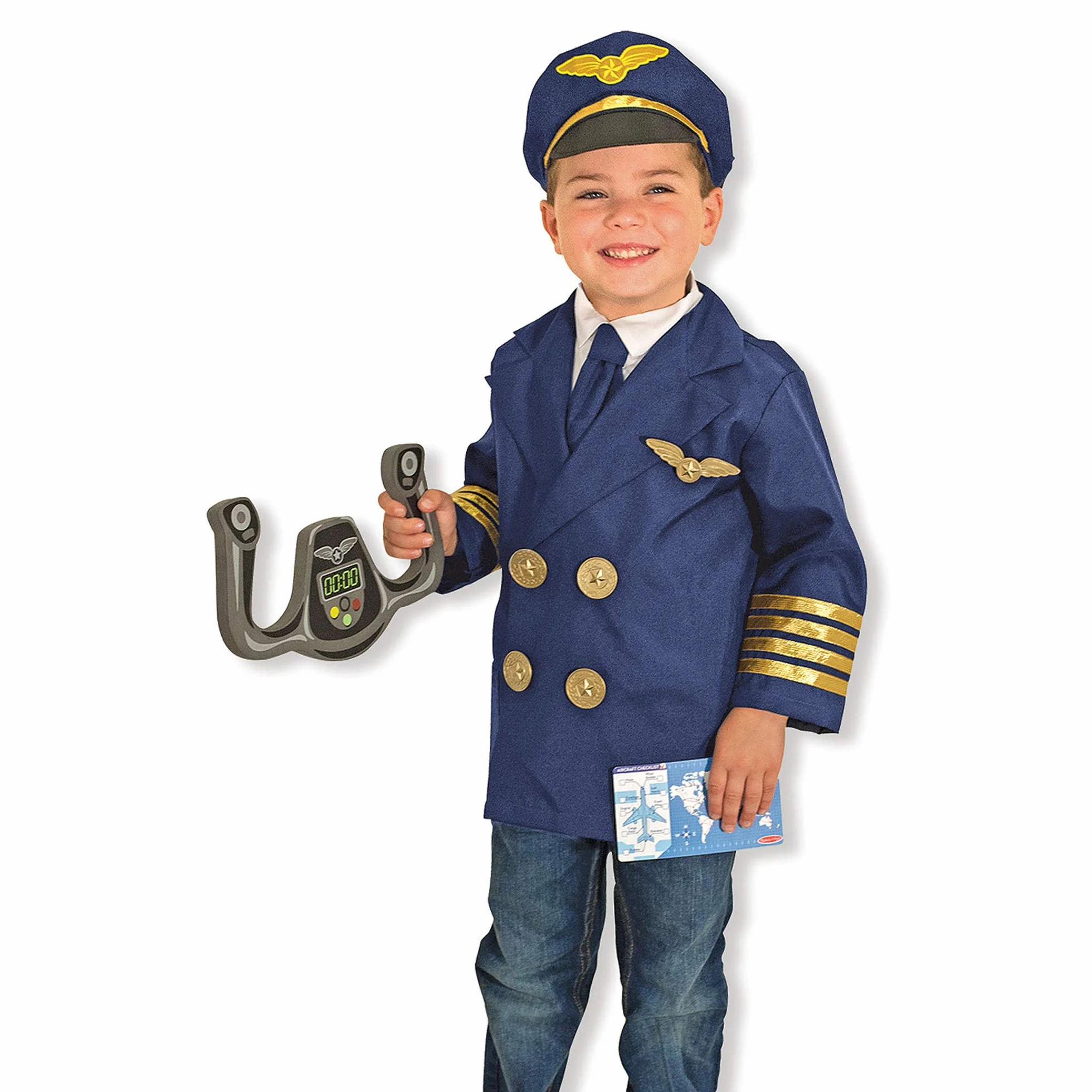 Melissa & Doug Kostium pilota dla chłopców i dziewcząt, kostium imprezowy z akcesoriami, imitacja gry, przebranie na Halloween, karnawał, dla chłopców i dziewcząt w wieku 3-6 lat, niebieski, 61,5 x