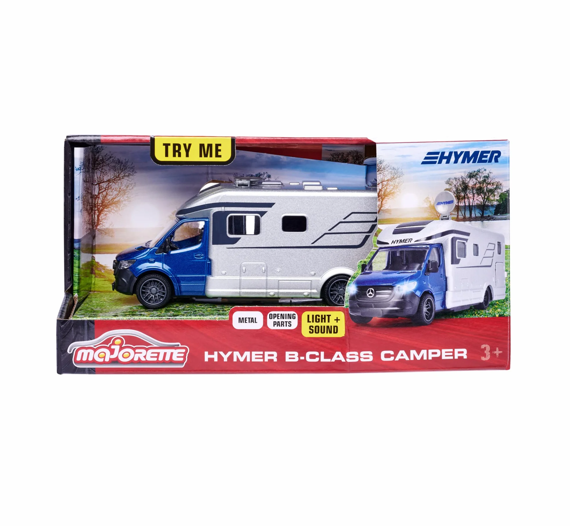 Majorette Grand 213773000 Hymer B-Class Kamper 19 cm, światło i dźwięk, metalowy samochód kempingowy diecast do zabawy na świeżym powietrzu, prezent dla dzieci od 3 lat