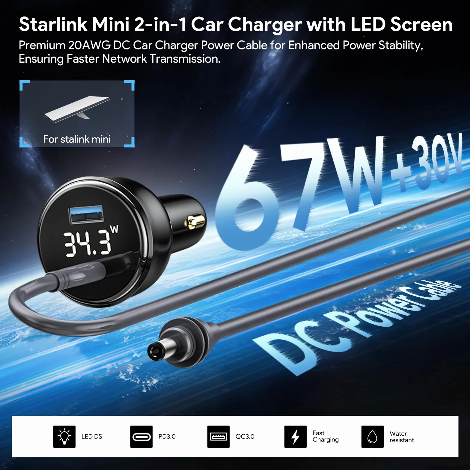 XLTTYWL Starlink Mini kabel 12 V - Star Link Mini adapter do zapalniczki samochodowej i kabel zasilający DC 12 V-24 V z cyfrowym wyświetlaczem przewód do ładowania z portem USB typu C, 3 m