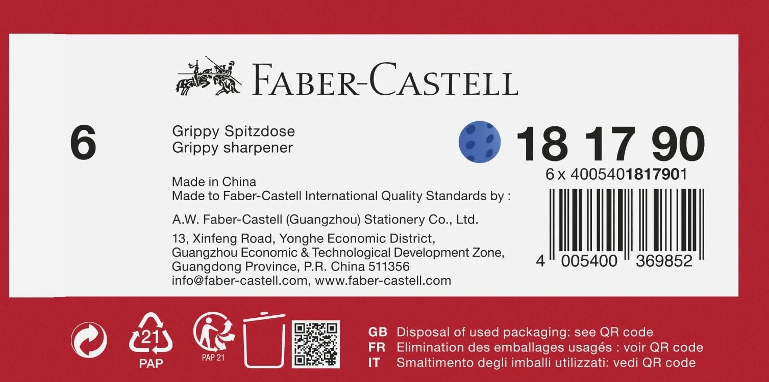 FABER-CASTELL 181790 – szpiczasta puszka Grippy z zabezpieczeniem przed cięciem, niebieska temperówka z pojemnikiem