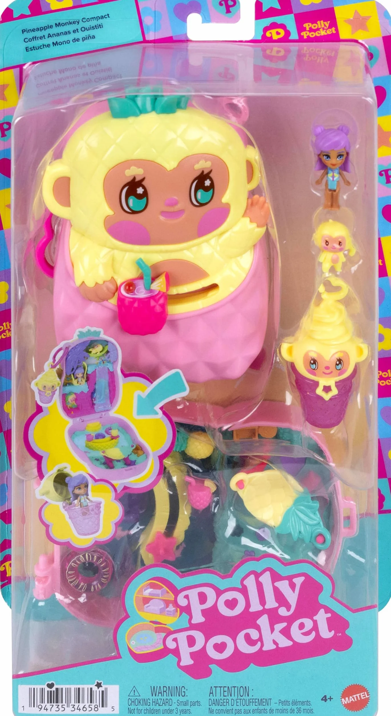 Polly Pocket Ananasowa małpka Zestaw kompaktowy, 1 mikrolalka, figurka zwierzątka, hamak i inne akcesoria, owocowy motyw, zabawka dla dzieci 4+, JKC49