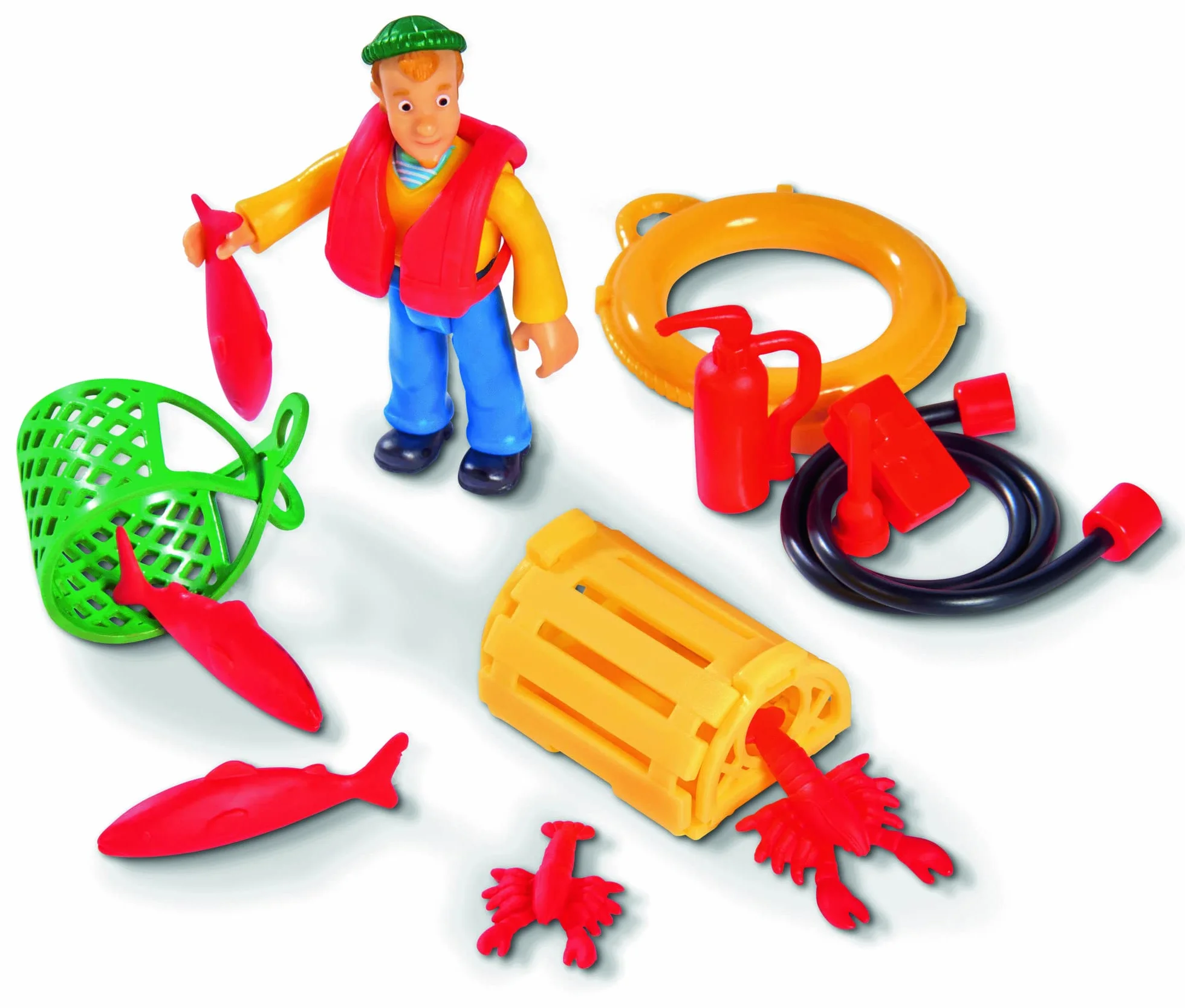 Simba 109251074038 Strażak Sam Pływająca Łódź Rybacka Charliego Z Figurką, Żuraw Ruchomy, Wciągarka Mechaniczna, Zamontowane Koła, Potrafi Jeździć, dla dzieci od 3 lat, wielkość 19 cm