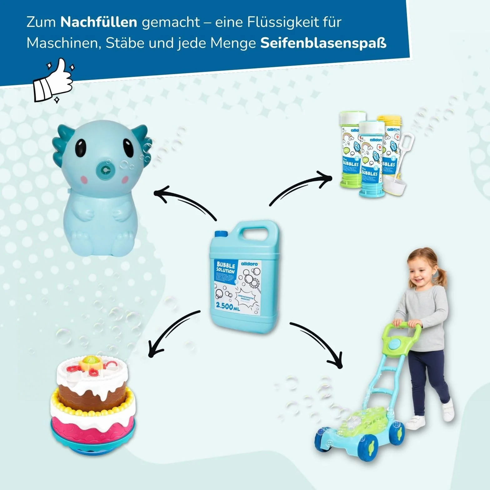 alldoro 60657 Bubble Fun Płyn do baniek mydlanych w kanistrze o pojemności 2500 ml, 2,5 litra XXL, kanister do uzupełniania kolorowych i dużych baniek mydlanych, dla dzieci, dorosłych, na imprezy i