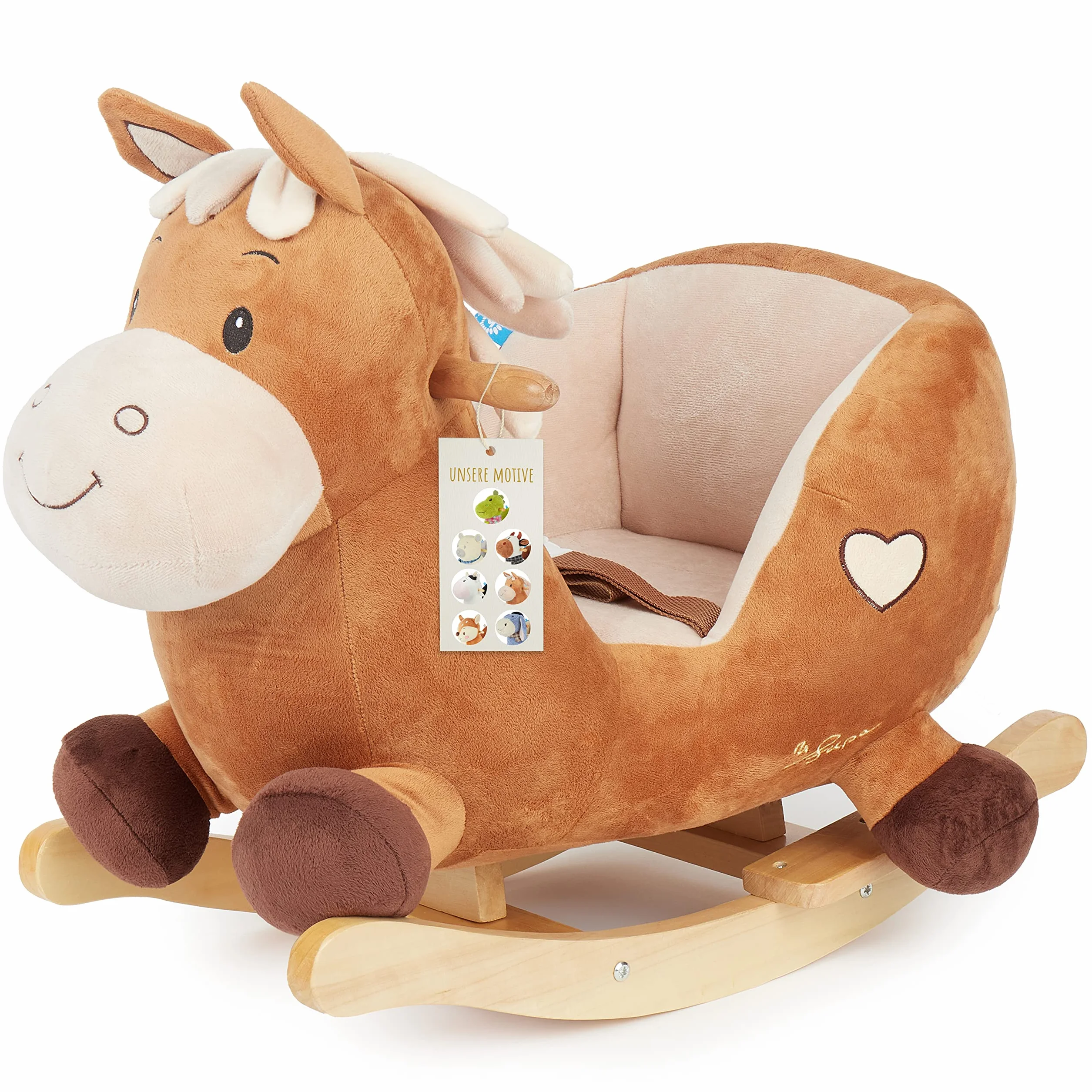 Bieco Calimero pluszowy zwierzak na biegunach, 60 cm, fotel bujany dla dzieci, z paskiem bezpieczeństwa, huśtawka dla niemowląt, huśtawka dla małych dzieci, huśtawka na biegunach, dla dzieci od 9 miesięcy