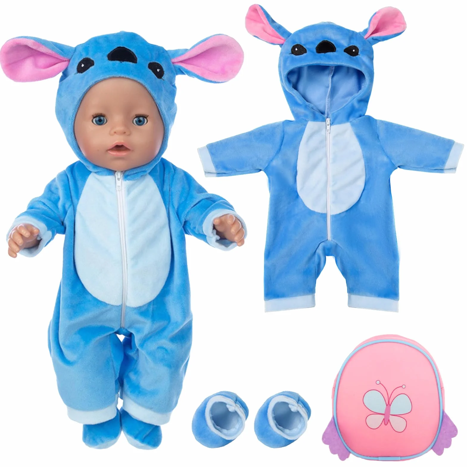 Odzież dla lalek o wymiarach 35-43 cm, w tym skarpetki i plecak, niebieskie stroje, niebieskie ubrania dla lalki New Doll 14-18 cali, prezenty dla chłopców i dziewczynek