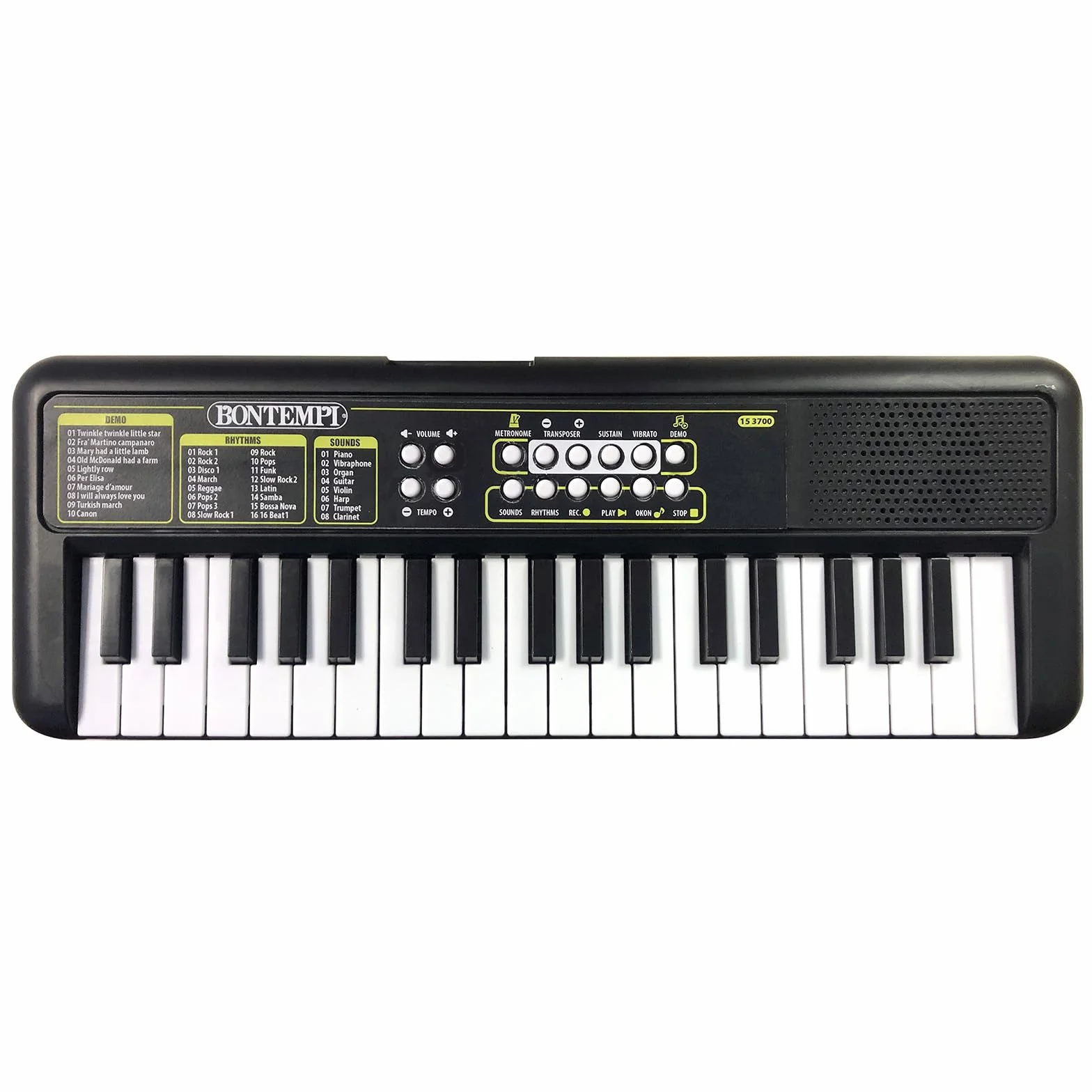 Bontempi | KeyRhythm - Cyfrowa klawiatura 37-klawiszowa, rozstaw 1,5 cm z gniazdem słuchawkowym, pięciolinia, metronom i transpozycja, 42,4x15,2x4,7 cm