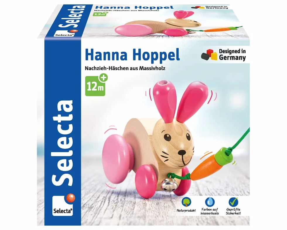 Selecta 62023 Królik Hanna Hoppel, drewniana zabawka do ciągnięcia, 13 cm