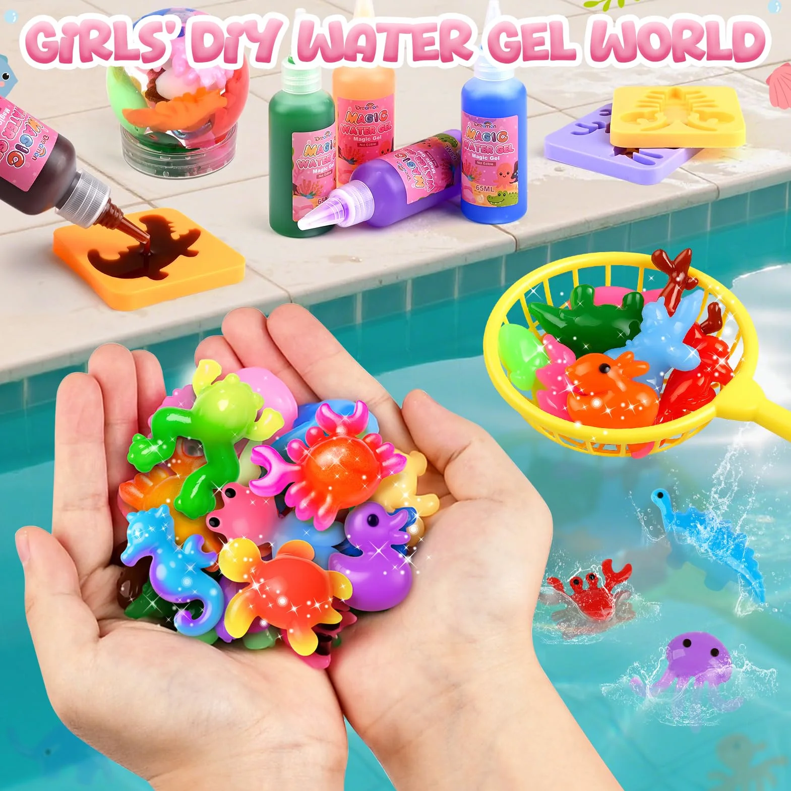 Dreamon Magic Gel Water Kit, 53 szt. "zrób to sam" 3D Aqua Gelz zabawka w 22 kolorach i 16 formach, Aqua Fairy kreatywny zestaw dla dzieci od 3+, prezent na urodziny, Boże Narodzenie dla dziewczynek