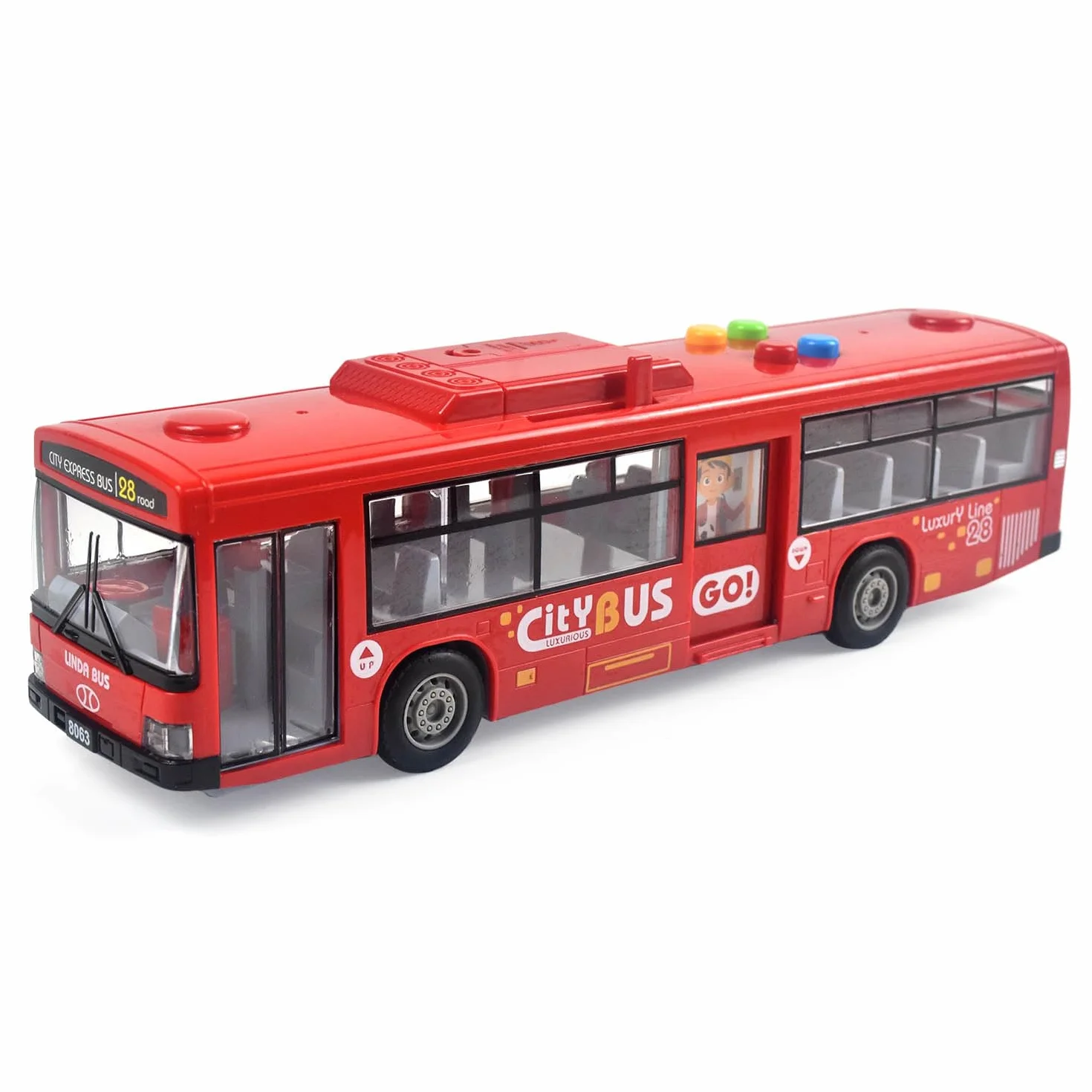 Zabawka autobusowa dla chłopców i dziewcząt - ze światłami i dźwiękami, realistyczne opony, symulowane funkcjonalne drzwi, ruch napędzany tarciem, czerwony