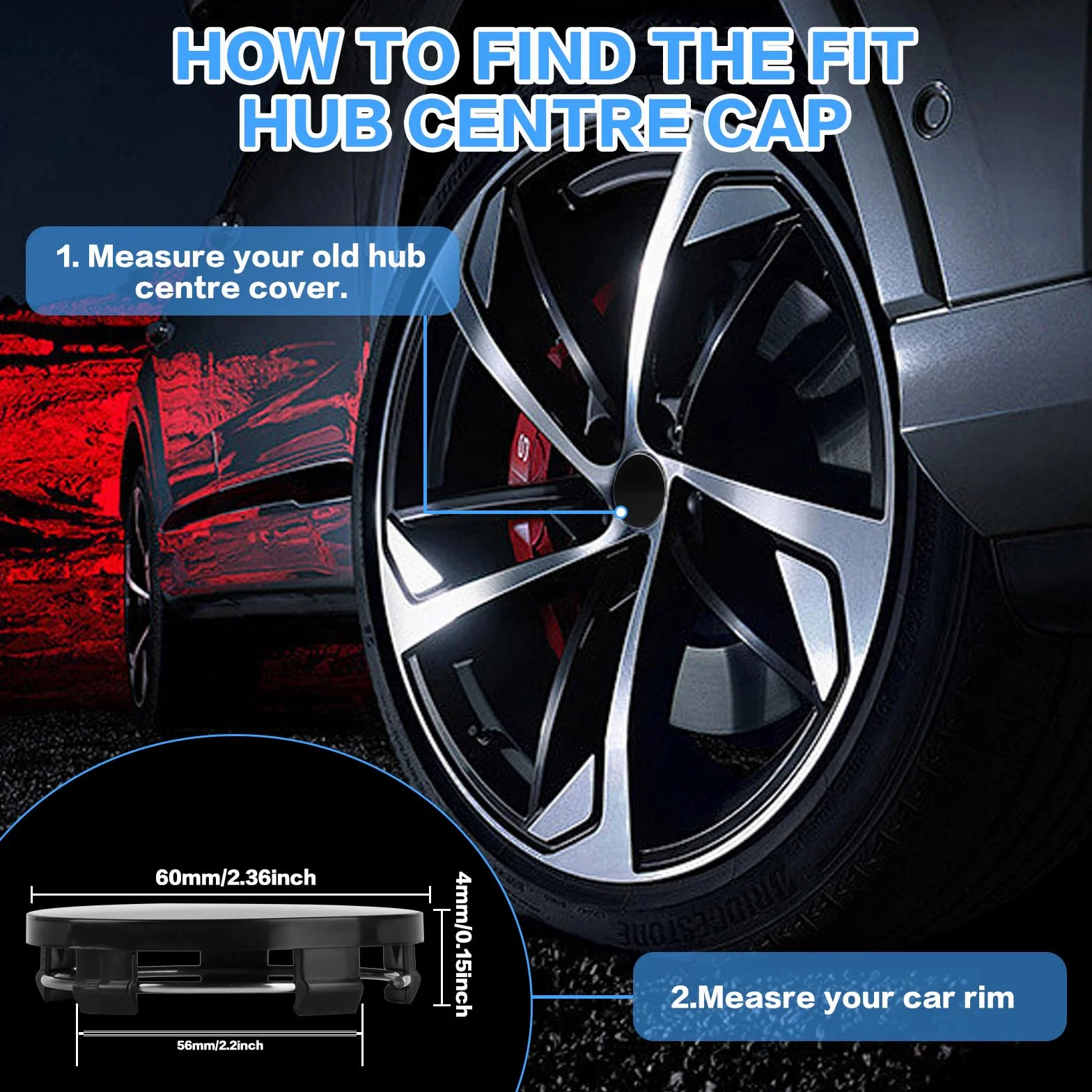 Zestaw 4 kołpaków na piasty 60 mm, czarne, ABS, uniwersalne
