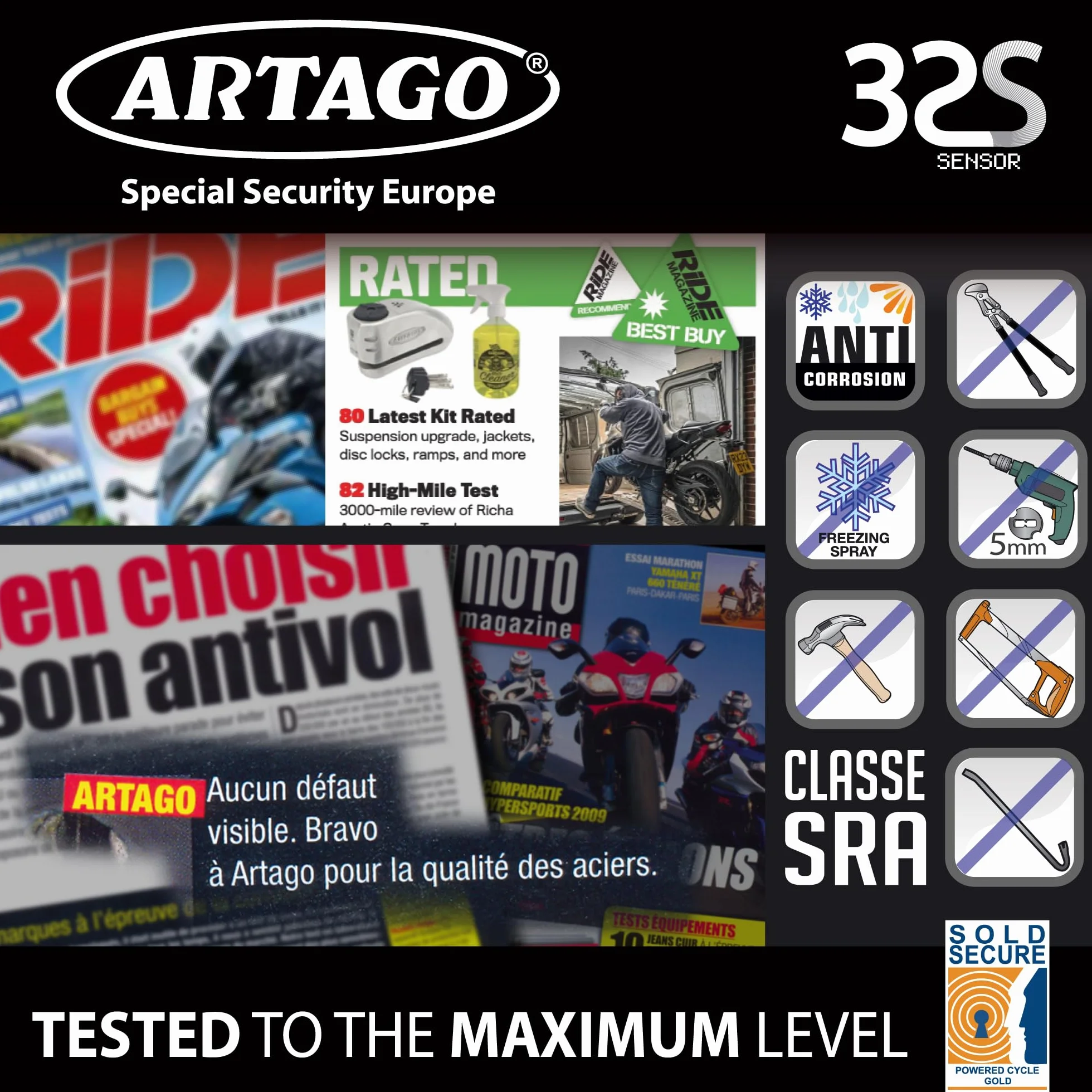 Artago 32 Blokadą Tarczy Hamulcowej Motocykl, Alarm Don't Touch 120 dB, Wysoka Jakość ø15 S.A.A. Zamek, Homologowany SRA, stal nierdzewna