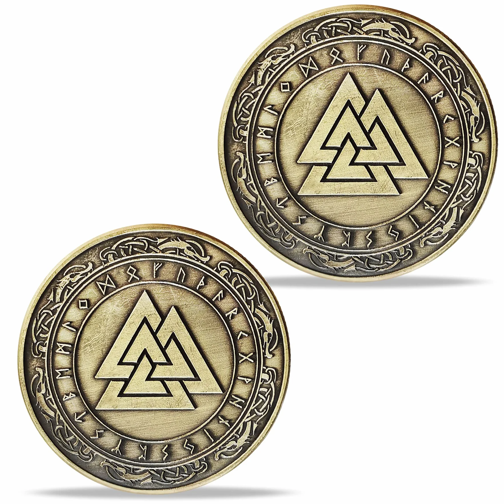 Norse Viking Mjolnir Coin Młot Thora, Coin Mitologia nordycka, talizman (Valknut Coin (Knot of the Slain Warrior))