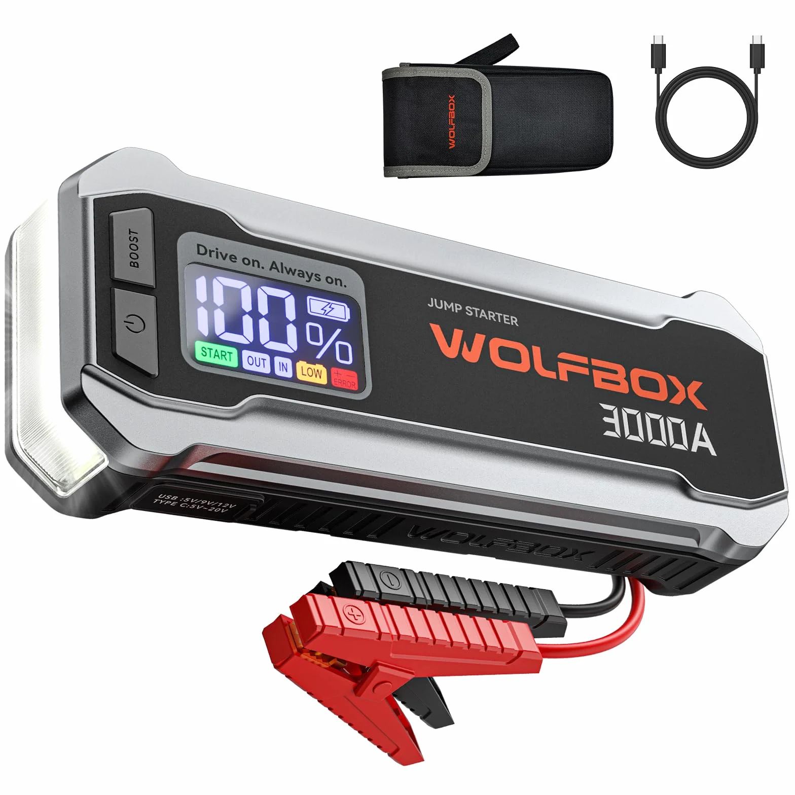 WOLFBOX Jump Starter 3000 A 12 V 65 W do silnika wysokoprężnego 8 l 6 l z kablem rozruchowym i światłem LED