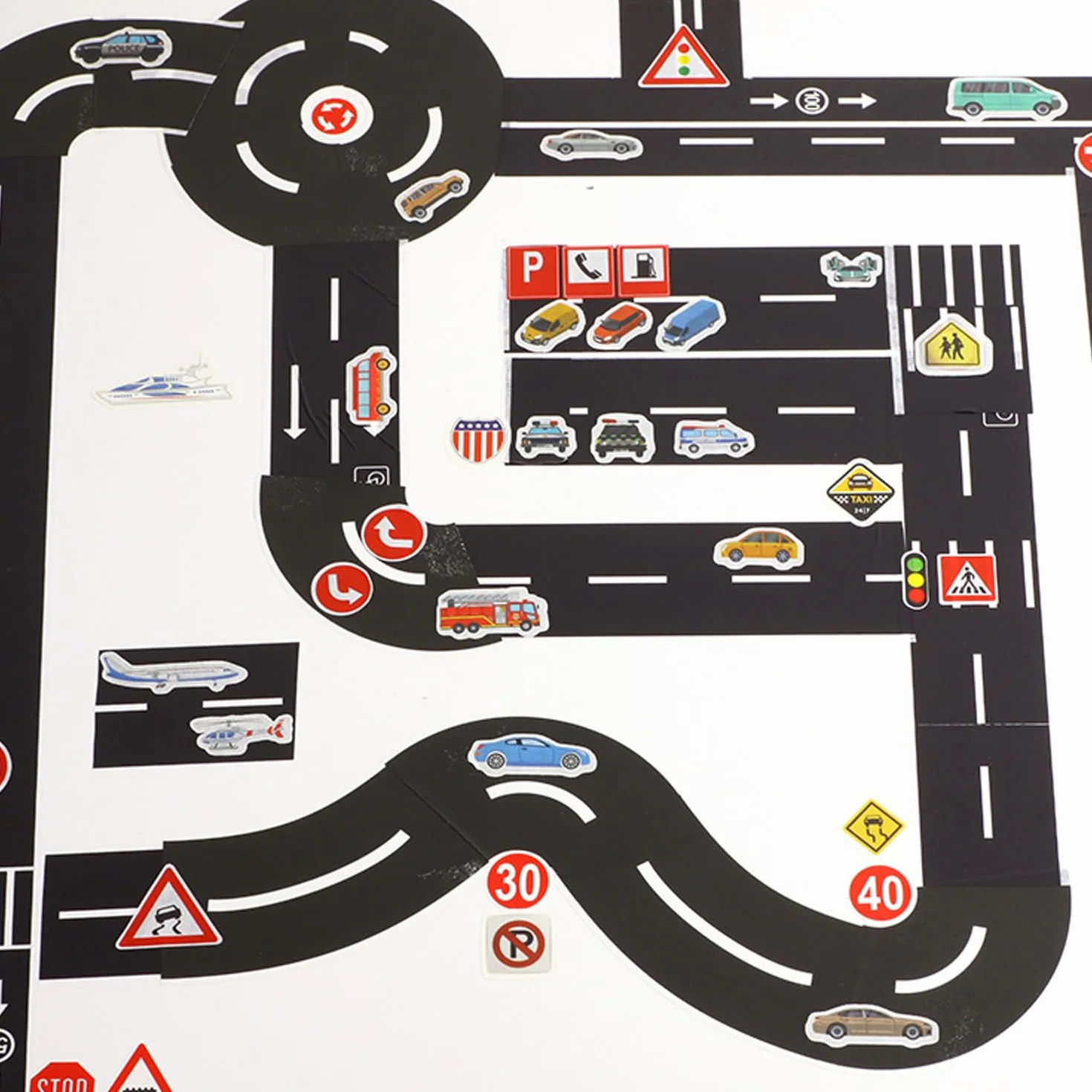 2 rolki zwykłej taśmy autostradowej z 2 naklejkami na tabliczki drogowe, taśma drogowa, naklejki na tabliczki, papier do modeli ulicznych, samochód zabawkowy, pas drogowy.