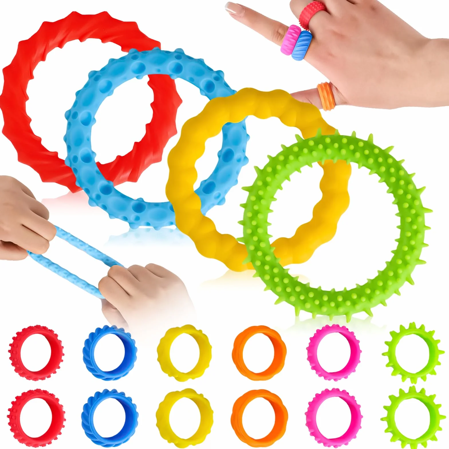 Fidegt Toys, 4 sztuki bransoletek sensorycznych, 12 sztuk, zabawki fidget dla dzieci, zabawki sensoryczne, zabawki dla dzieci z autyzmem, anxiety, pierścienie antystresowe, ciche, antystresowe
