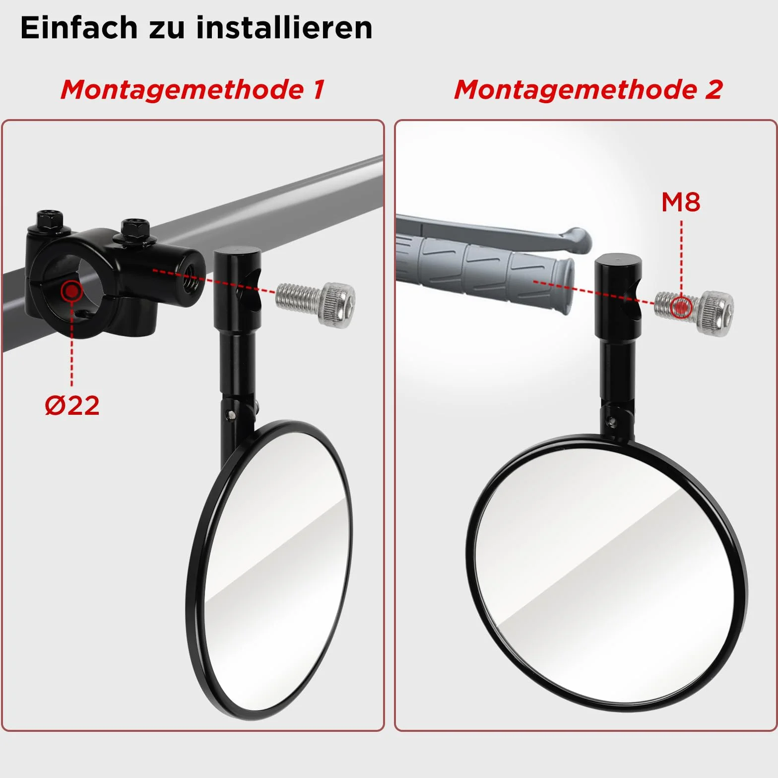Evermotor Lusterko do końcówek kierownicy, zatwierdzone E, 360° obrotowe lusterko motocyklowe, wykonane z frezowanego CNC aluminium, 22 mm (7/8") okrągłe lusterko motocyklowe kompatybilne ze skuterem