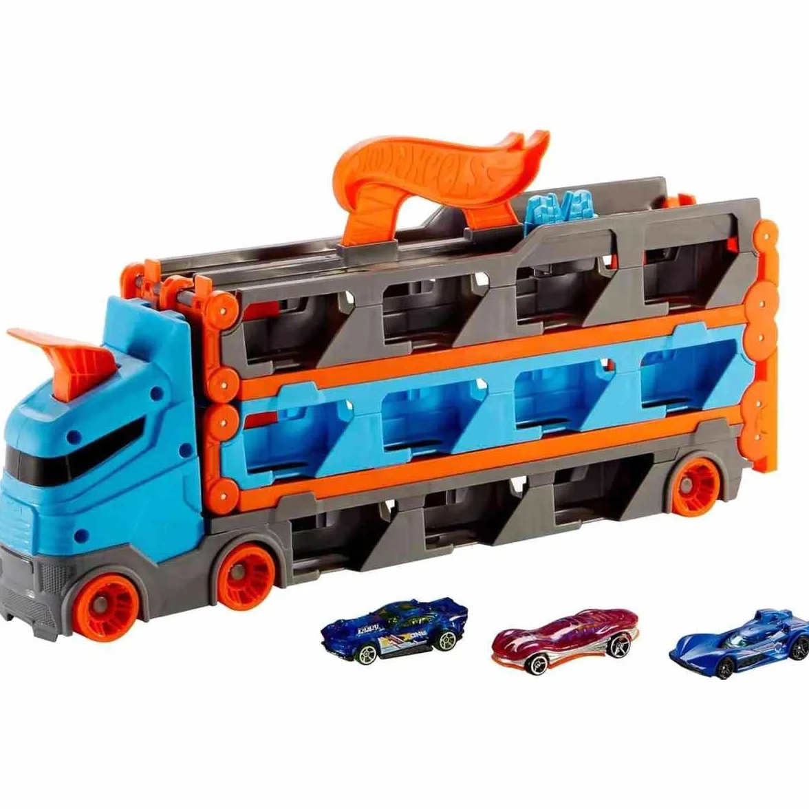 Hot Wheels - Wyścigowy transporter 2w1 z 3 samochodzikami w skali 1:64 i rozkładanym torem wyścigowym o długości 1,8 m oraz miejscem na 20 pojazdów; dla dzieci w wieku od 4 do 8 lat, HGH33