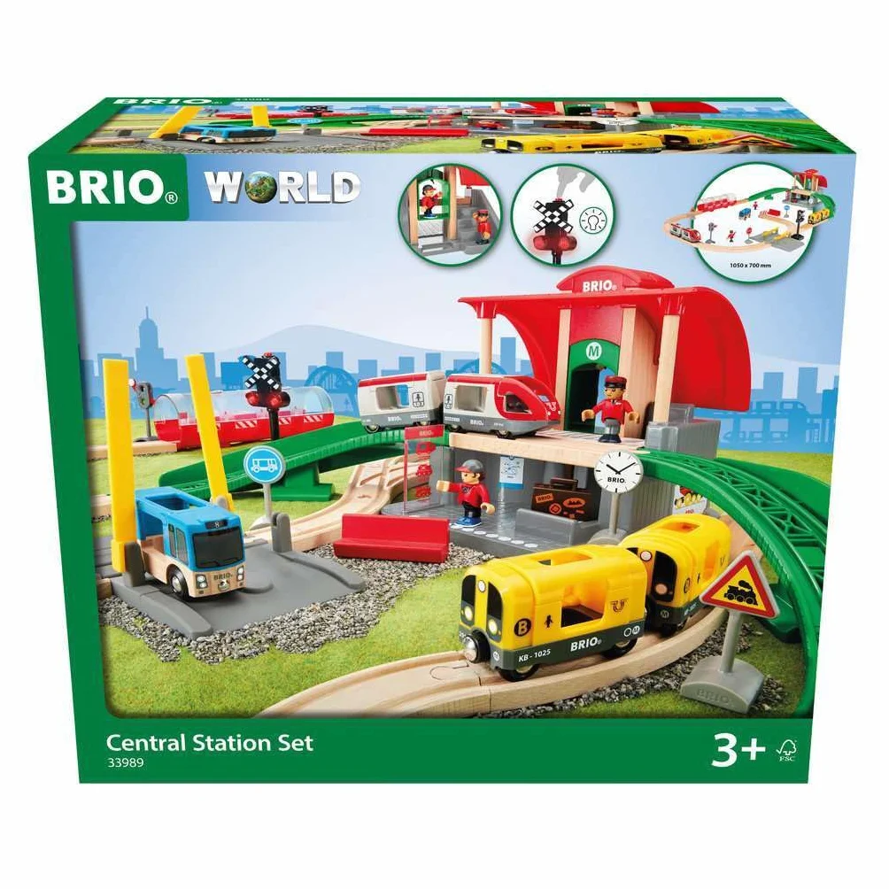 BRIO World 33989 Large City Station Set - Kompleksowy drewniany zestaw pociągów ze stacją transferową - Zalecany od 3 lat