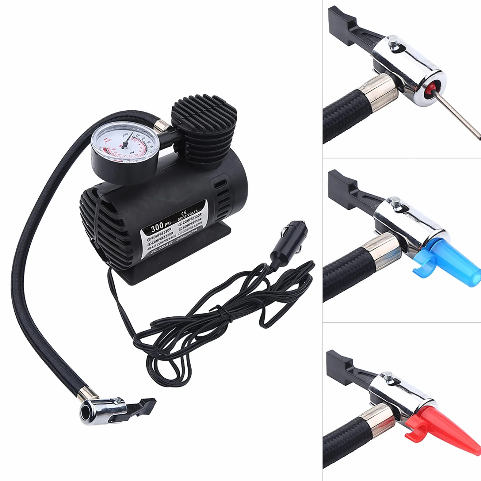Sprężarka powietrza 12V 300 psi przenośna pompa elektryczna z adapterami