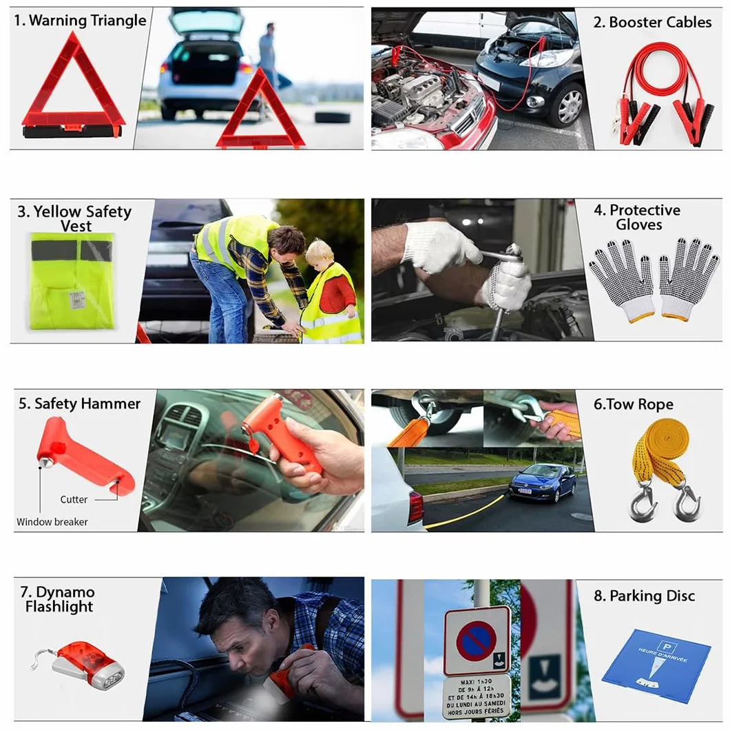 Zestaw bezpieczeństwa samochodowego, trójkąt ostrzegawczy, żółta kamizelka, rękawiczki, sznurek, lodołamacz, lampa, dynamo, kabel akumulatorowy, tarcza parkingowa, skrobak