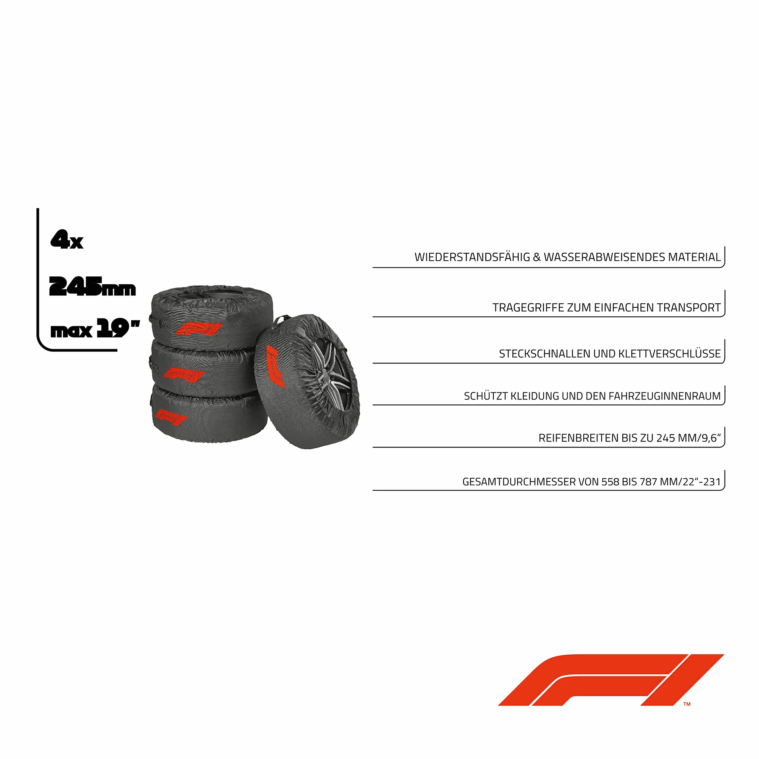 Formula 1 Zestaw toreb na opony, 4-częściowy, odporny na działanie wody, nadaje się do prania, czarno-czerwony, zapewnia czysty transport i bezpieczne przechowywanie