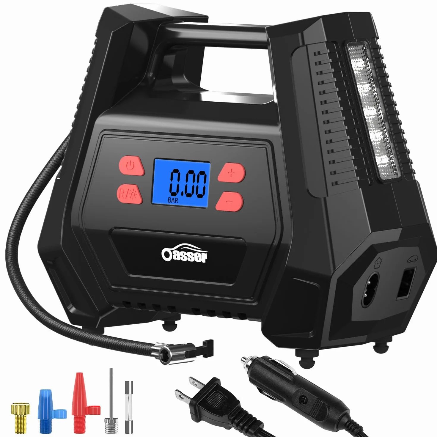 Oasser Sprężarka powietrza 12 V 230 V do opon samochodowych AC DC 2 w 1 pompa powietrza do samochodu, ciśnienie powietrza 150 PSI z silnikiem cylindrycznym 22 mm, z czystej miedzi