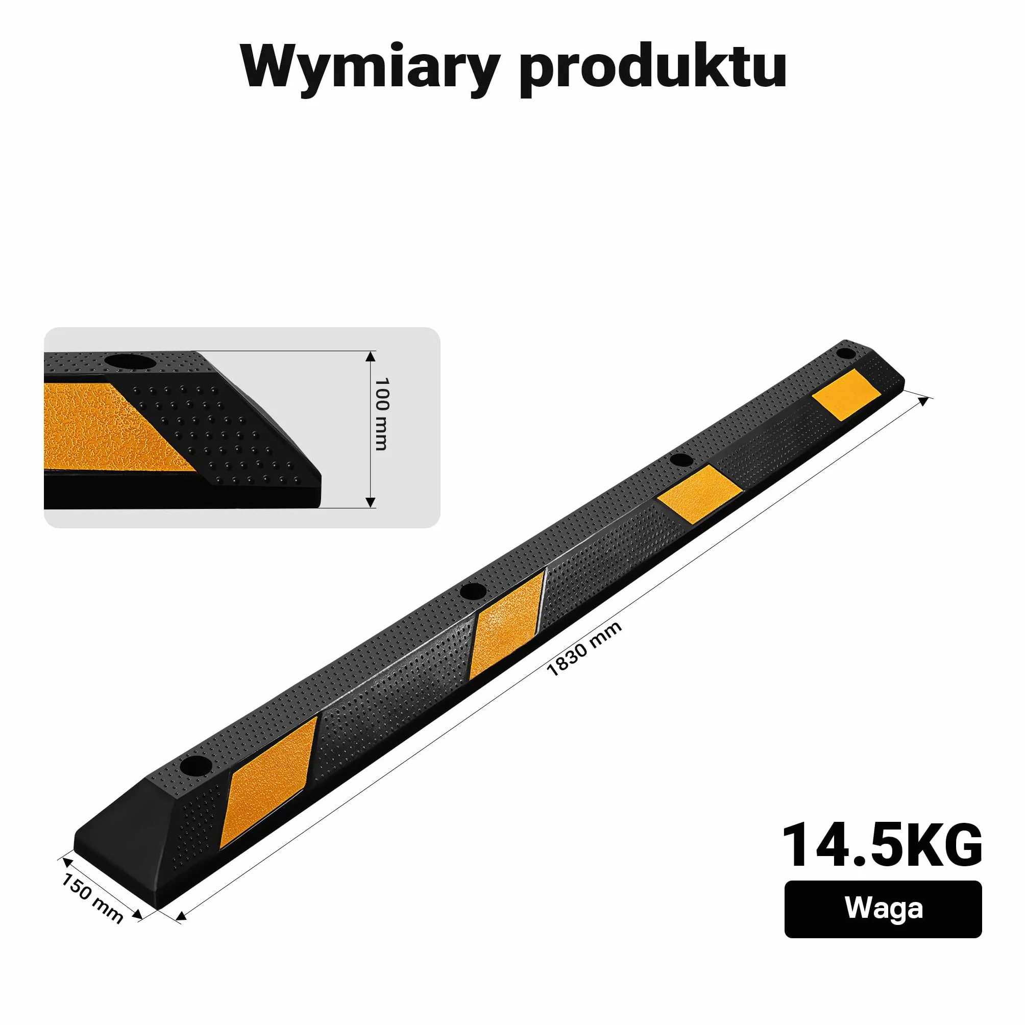 Wiltec Ogranicznik parkingowy 183 x 15 x 10 cm czarny z żółtą taśmą odblaskową, odbojnik gumowy do garażu i parkingu