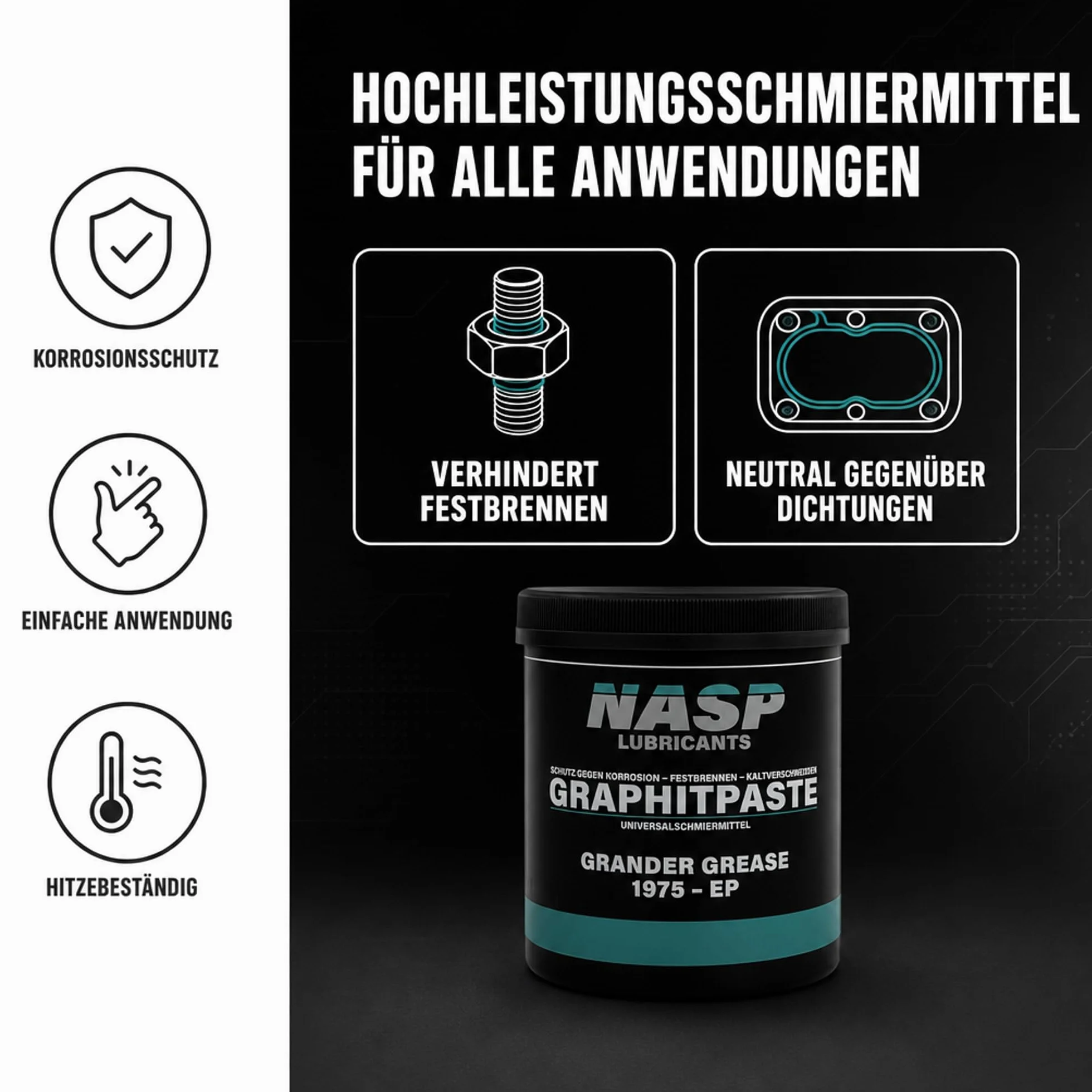 NASP® Grafit pasta do montażu z ochroną antykorozyjną, uniwersalna pasta Grander Grease 1975 EP – Made in Germany, puszka 1 kg