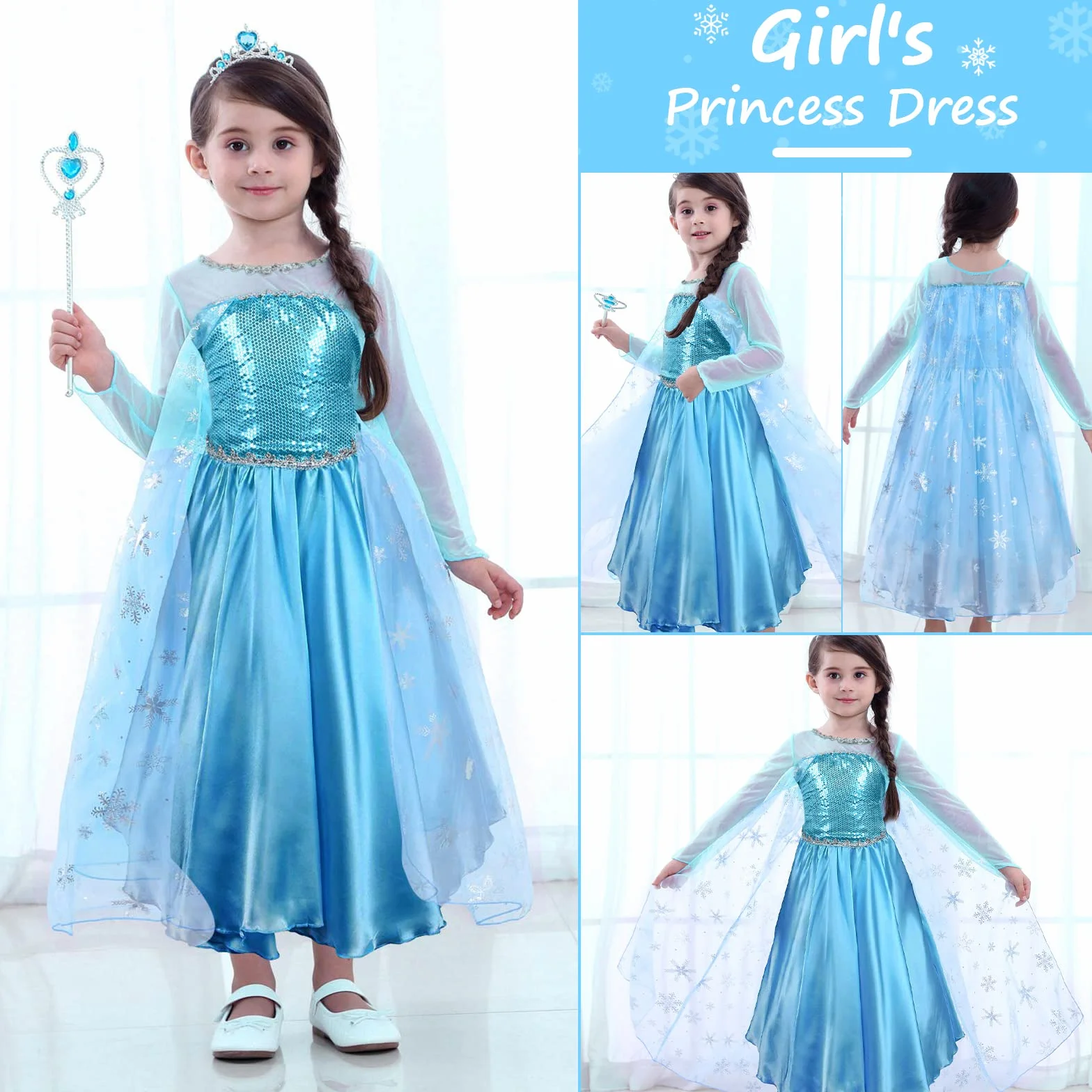 URAQT Sukienka Elsa, Kostium Księżniczki Elsy Z Różdżką Wróżki I Tiarą Z Koroną, Sukienka Elsa Anna Dla Dziewczynek, Deluxe Girls Fancy Dress Na Imprezę Cosplay Druhna Korowód