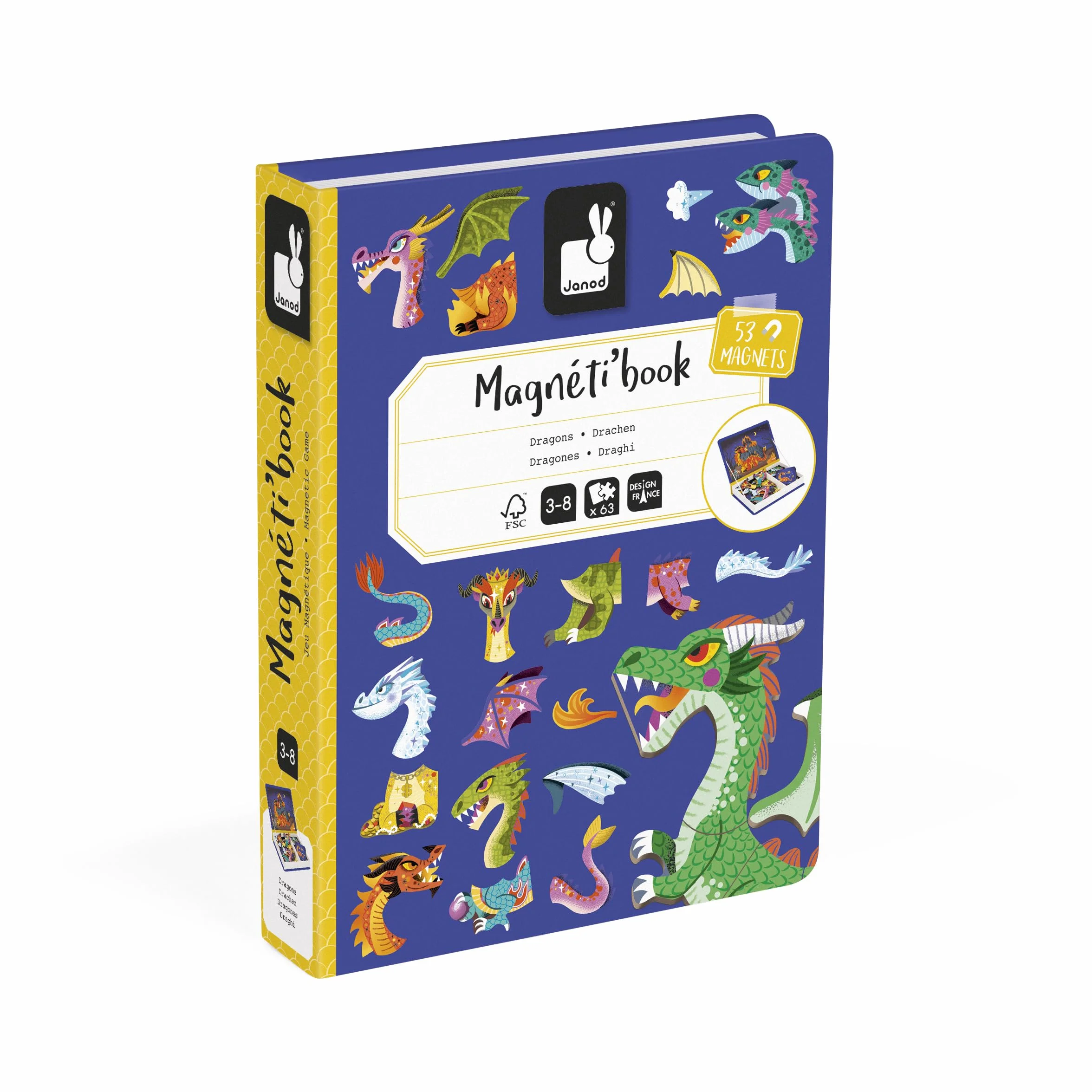 Janod - Magnetic 'Book Dragons - Magnetyczna gra edukacyjna 53 magnesy + 10 modeli - zabawka dla dzieci z tektury FSC - rozwija zręczność i wyobraźnię - od 3 lat - J02527, Fioletowy