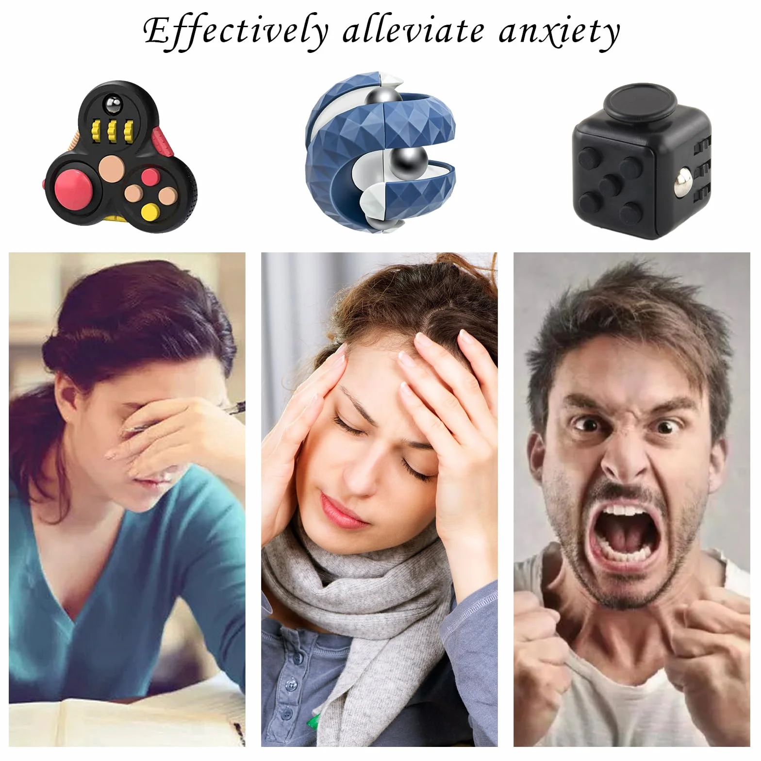 Fidget Cube zestaw 3 zabawek antystresowych, redukujące stres w przypadku nerwowości, obrotowa kula orbitowa do interaktywnych zabawek, kontroler, ADD, ADHD, autyzm, dla dzieci z autyzmem ADD, ADHD,