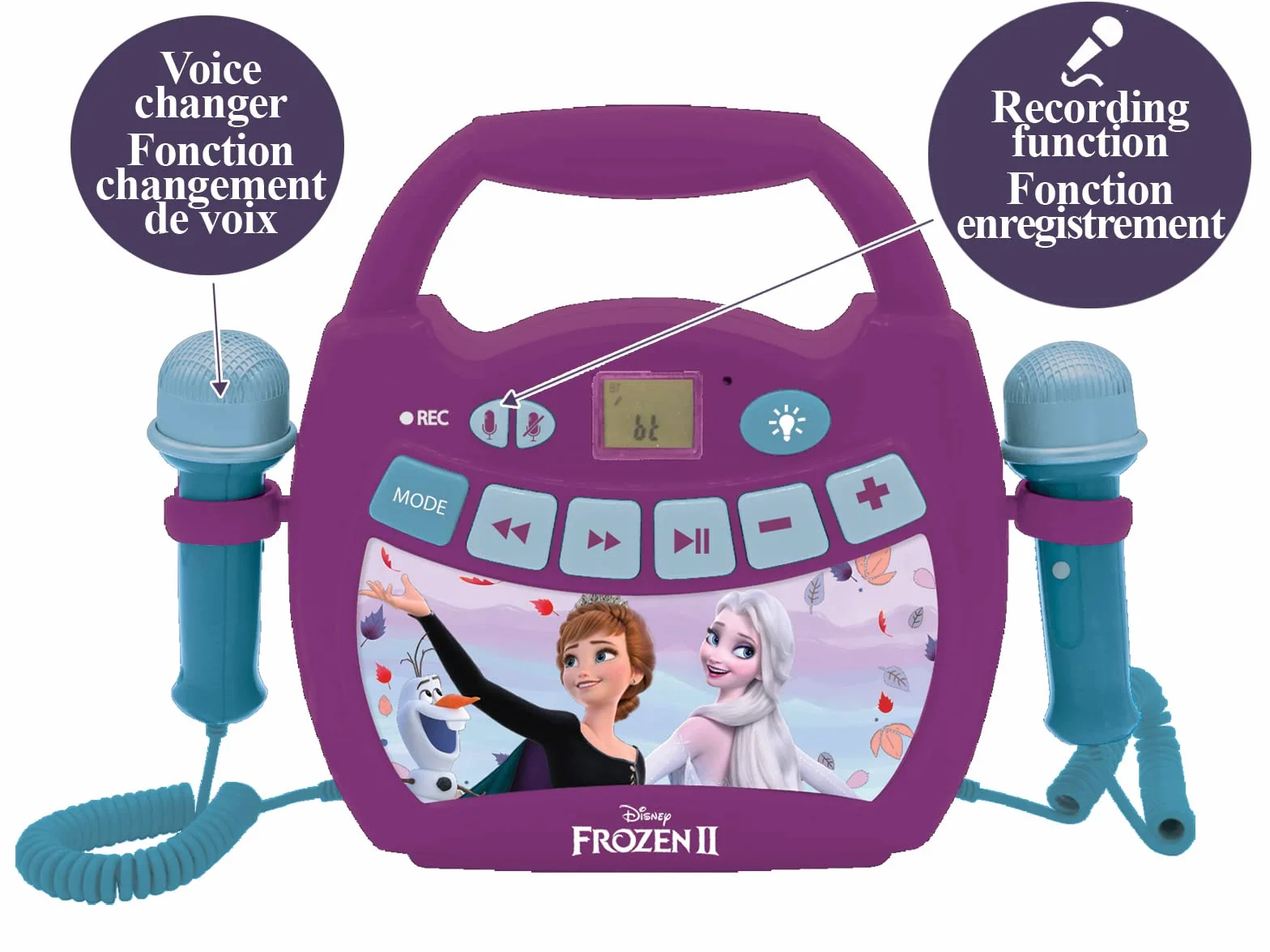 Lexibook, Frozen, Przenośny Odtwarzacz Cyfrowy Karaoke dla Dzieci, Mikrofony, Efekty Świetlne, Bluetooth, Funkcje Nagrywania i Zmiany Głosu, Fioletowy, MP320FZZ