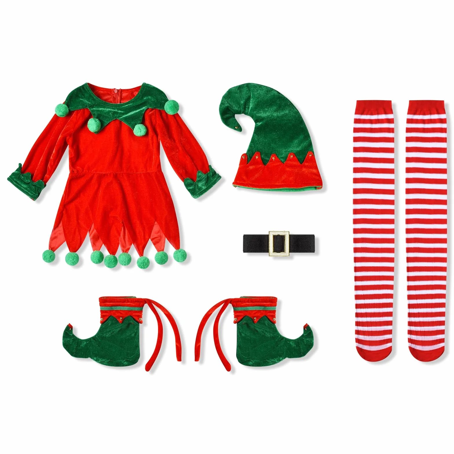 Proumhang 5 Pack Dziewczyny Kobiety Świąteczny Elf Kostium Zestaw,Dziecięcy świąteczny kostium elfów,Aksamitny kostium Pomocnika Mikołaja,Świąteczny strój z elfskim kapeluszem Buty Pasek Pończochy