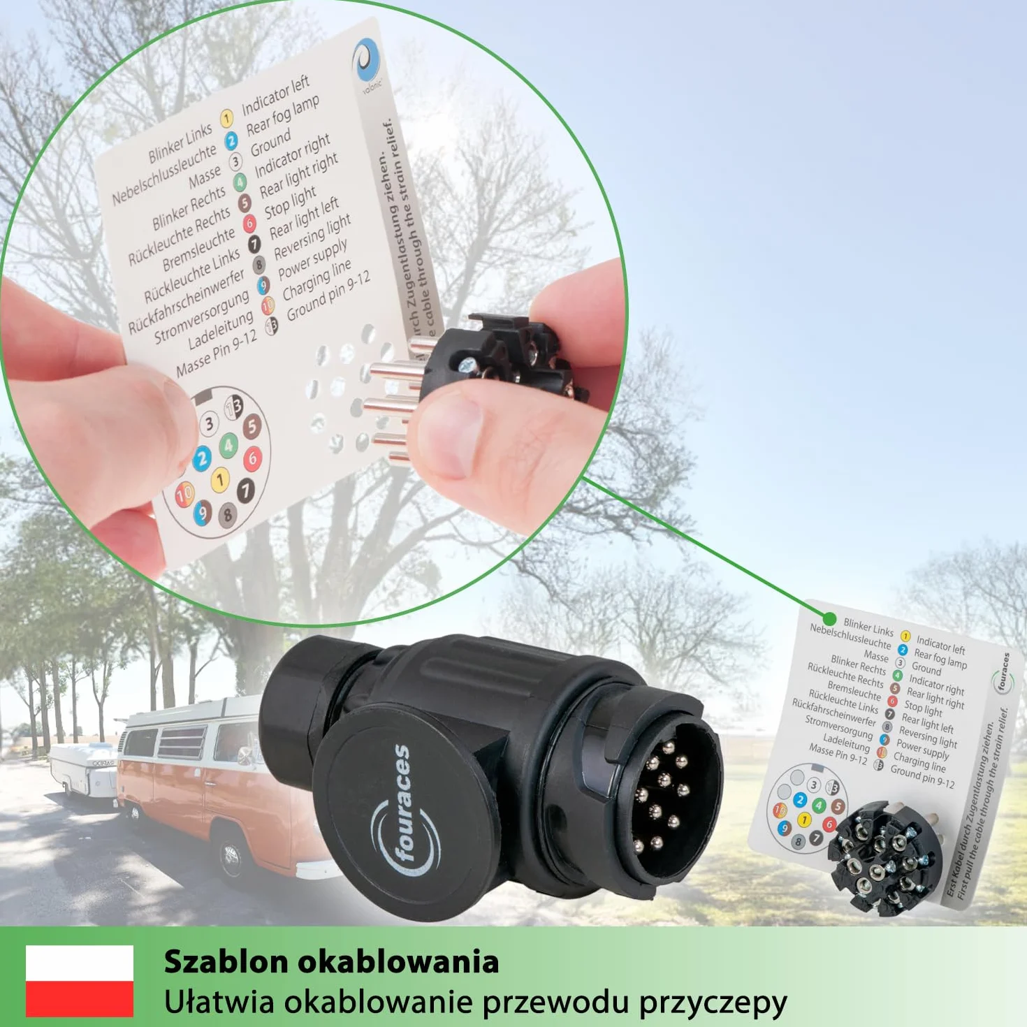 fouraces wtyczka 13-pinowa, czarna - wraz z szablonem okablowania - 13 pin przyczepy