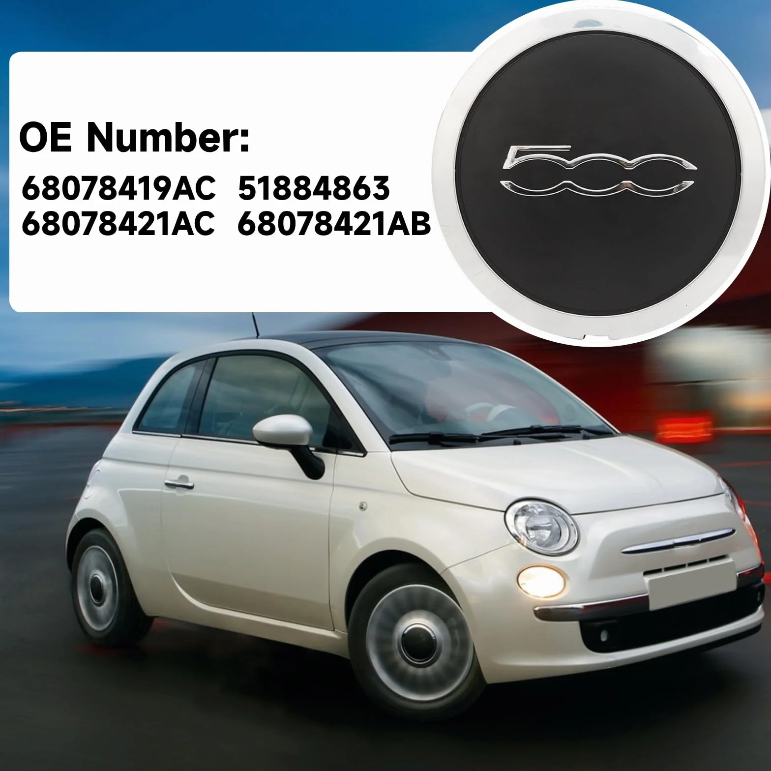 Środkowa pokrywa piasty koła, odporna na wysokie temperatury, z chromowaną obudową, 68078419AC, zamiennik do FIAT 500 (chrom 500, szara obwód)