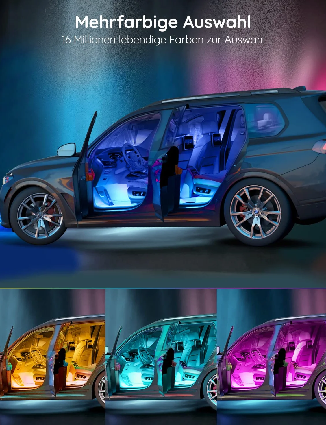 Govee wodoszczelne oświetlenie wewnętrzne samochodu LED, 48 diod LED, ulepszona konstrukcja dwuliniowa, sterowanie aplikacją, wielokolorowe, z wtyczką do zapalniczki, 12 V, 4 sztuki