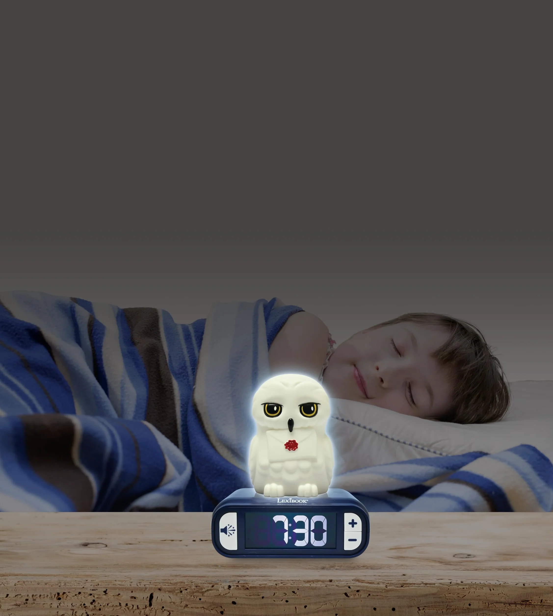 Lexibook, Hedwig Budzik Nocny, Dźwięki i Melodie, Podświetlany Ekran LCD, Świecący, Drzemka, Biały, Niebieski, Mały