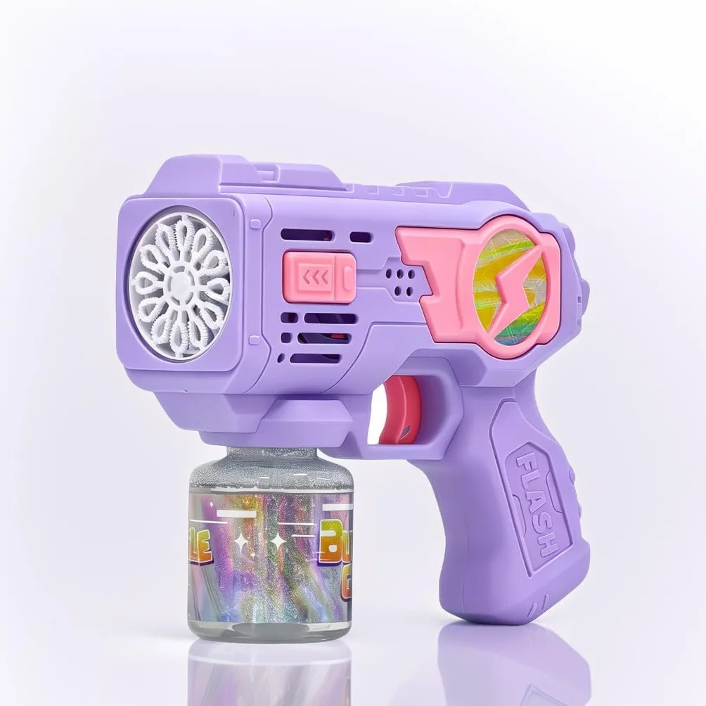 Pistolet do baniek, 1 szt. – automatyczna maszyna do robienia baniek z oświetleniem LED, 2 x 80 ml płynu do baniek, zabawka outdoorowa, prezent dla dzieci od 3 lat, fioletowy