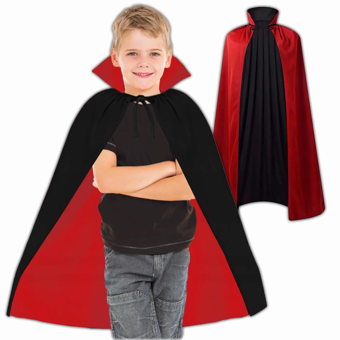 KRUMAD Peleryna Halloween Dwustronna 80 cm Czarna Czerwona, Uniwersalny Strój dla Dzieci i Dorosłych, Kostium Wampira Drakuli, Dodatek na Bal, Imprezę, Karnawał, Przebranie