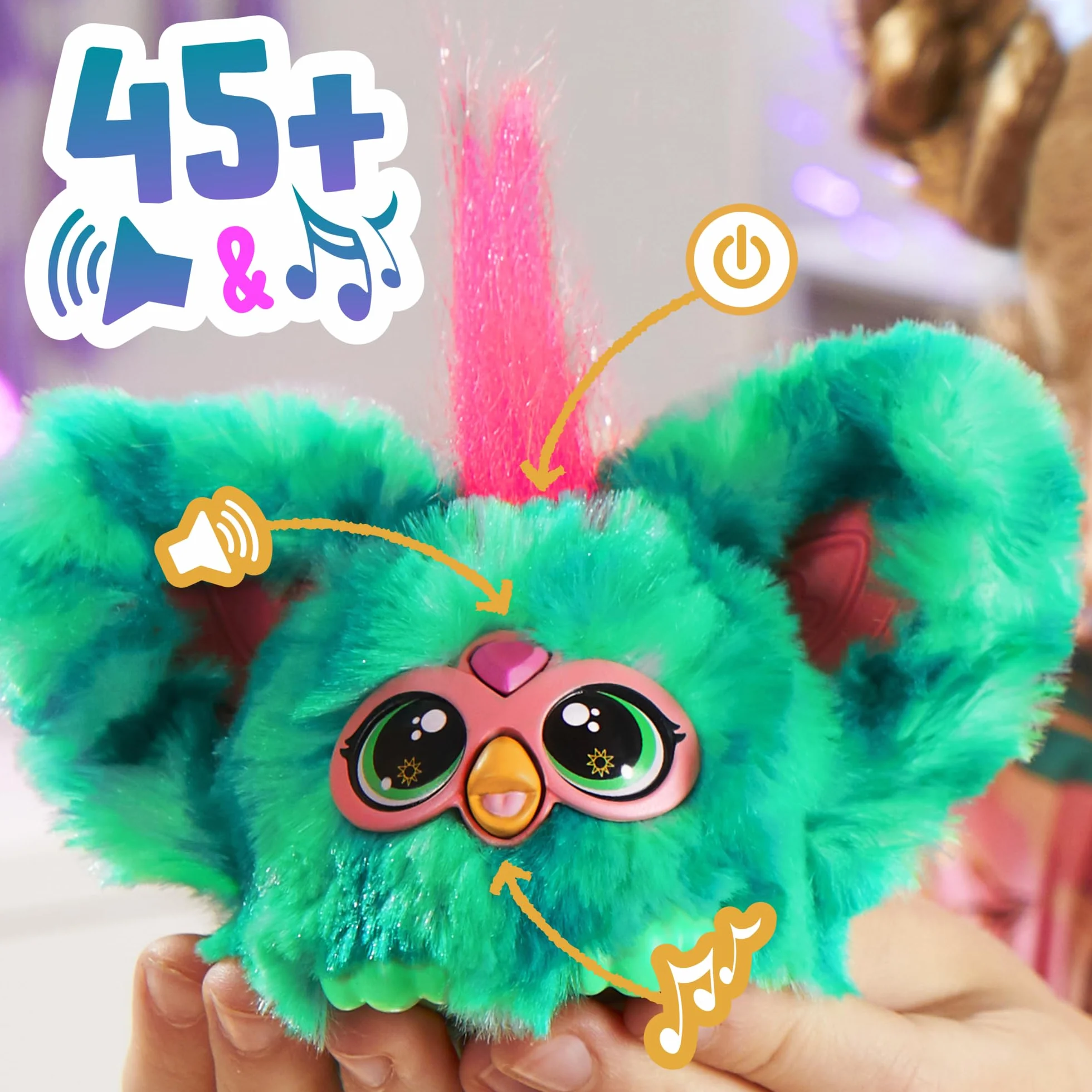 Furby Furblets Miniaturowy przyjaciel Mello-Nee, ponad 45 dźwięków, muzyka w stylu letniego odpoczynku i frazy w j. furbijskim, elektroniczne zabawki pluszowe dla dziewczynek i chłopców
