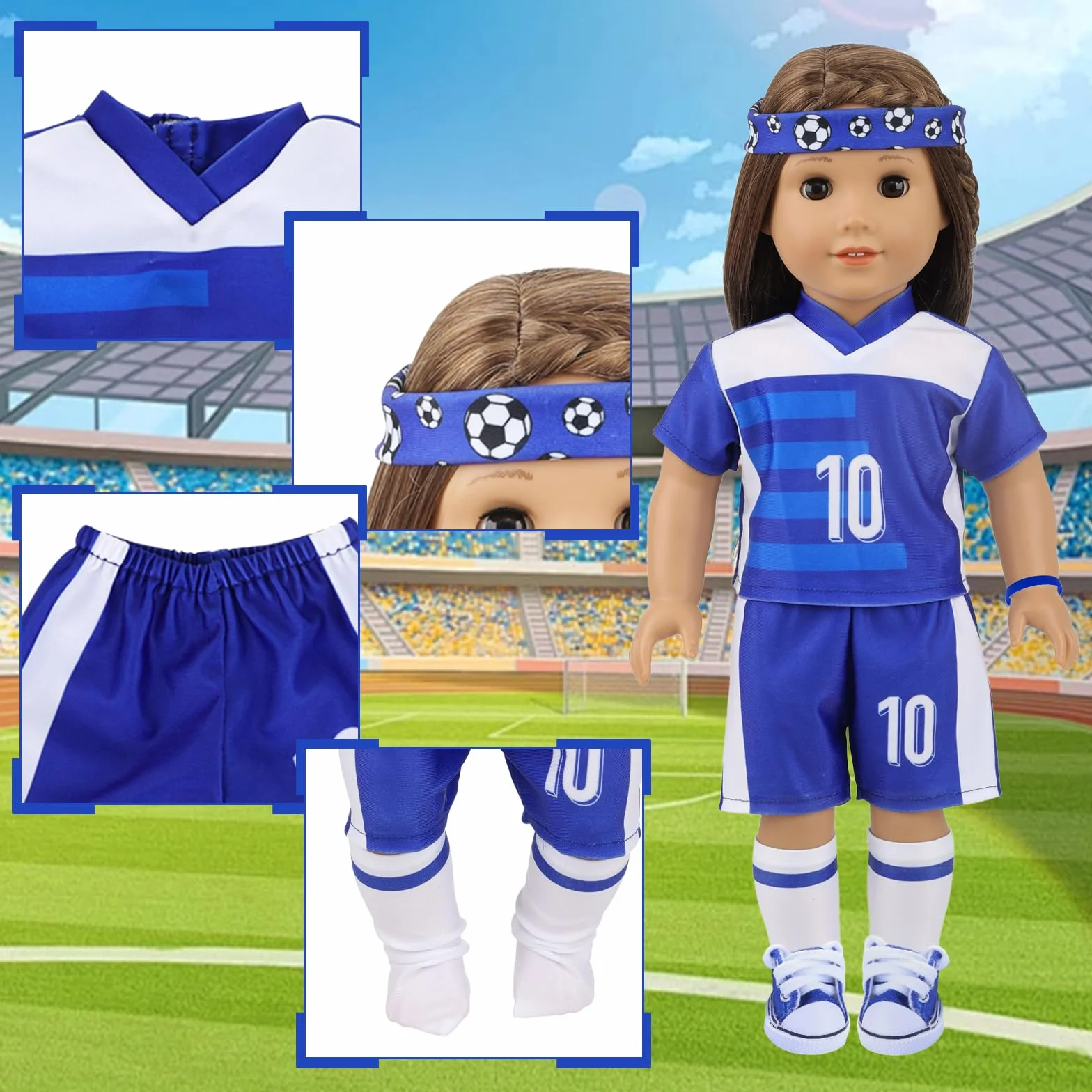 Ubranie dla lalek 35-43 cm stroje dla lalek, akcesoria dla lalek, 14 piłkarskich, modna odzież sportowa z topami, spodniami, opaskami do włosów, bransoletki, buty, okulary przeciwsłoneczne, skarpetki