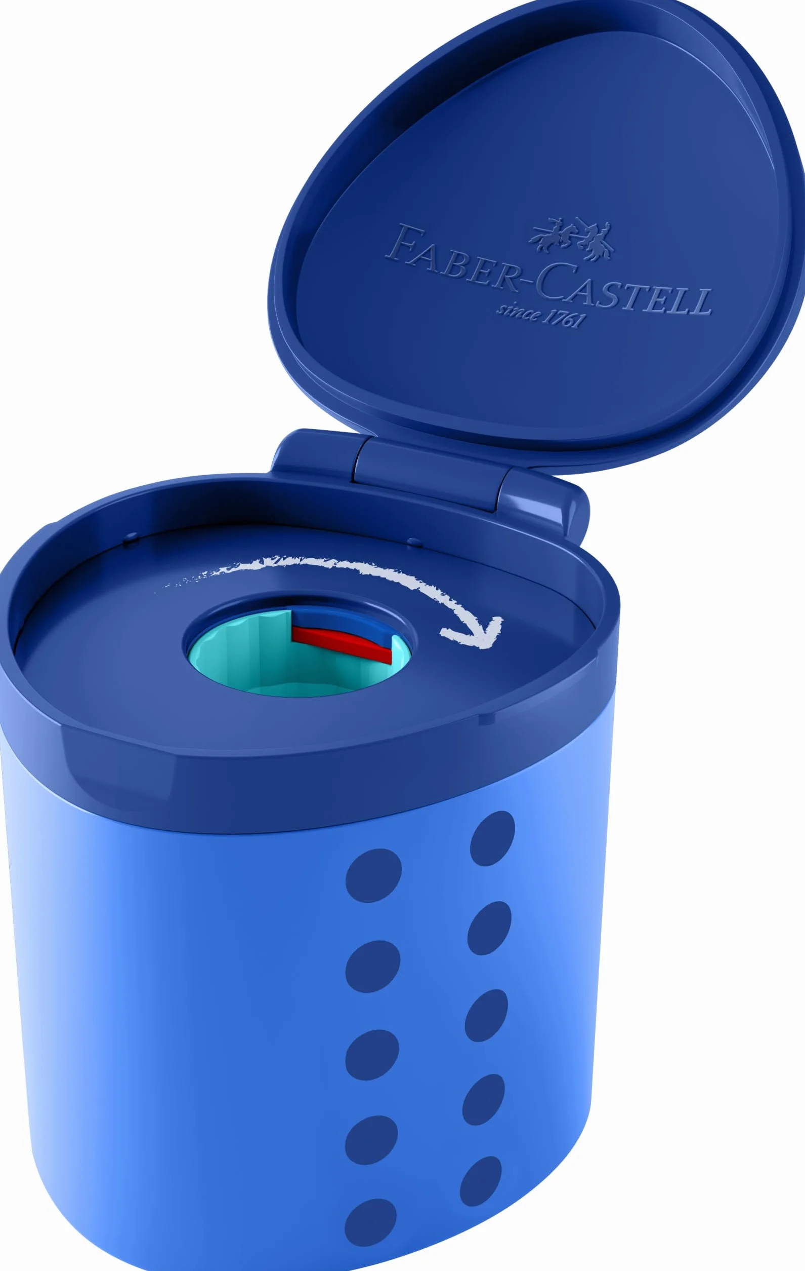 FABER-CASTELL 181790 – szpiczasta puszka Grippy z zabezpieczeniem przed cięciem, niebieska temperówka z pojemnikiem