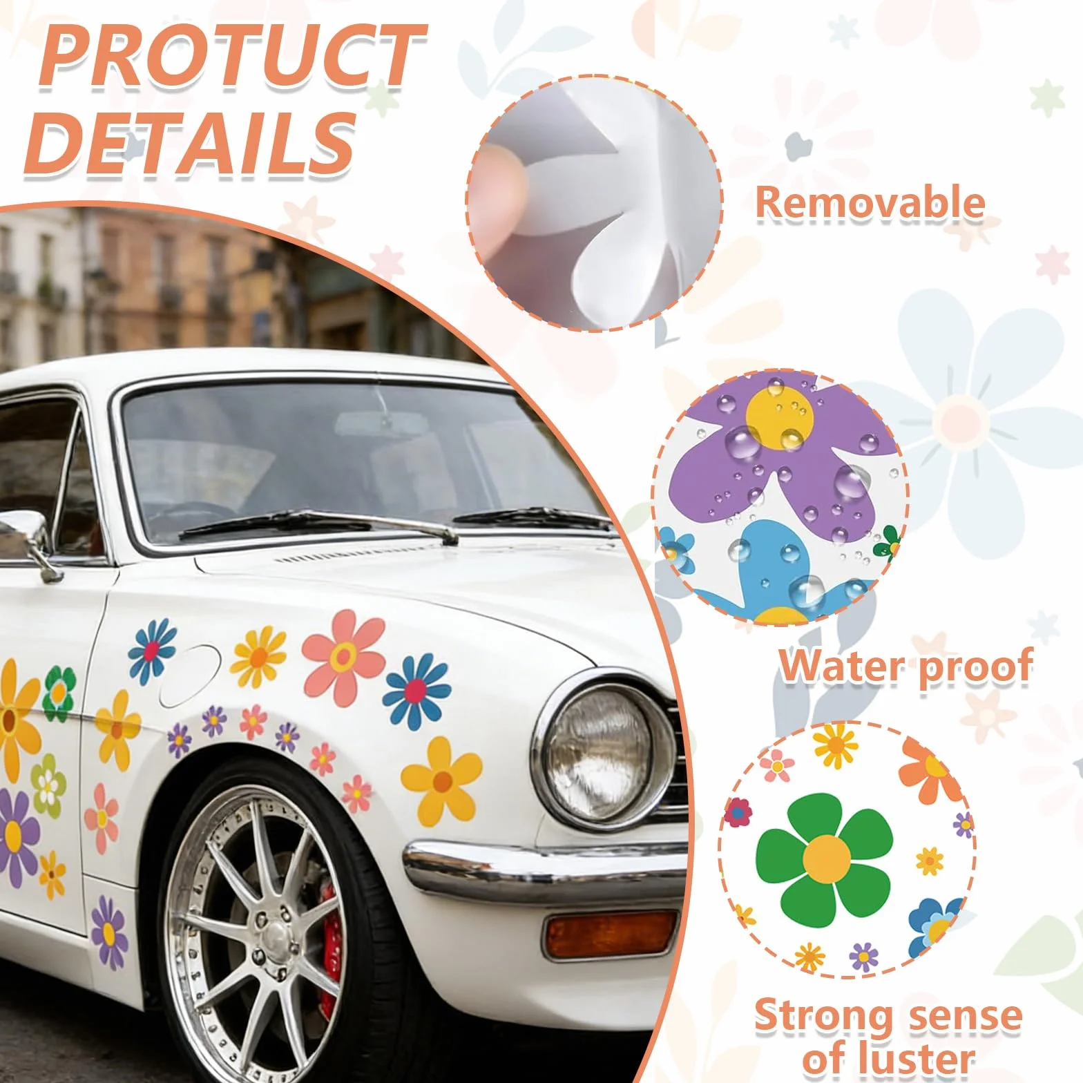 Naklejki samochodowe Hippie Design Duże Kwiaty Wodoodporne Samoprzylepne Winylowe 88 szt.