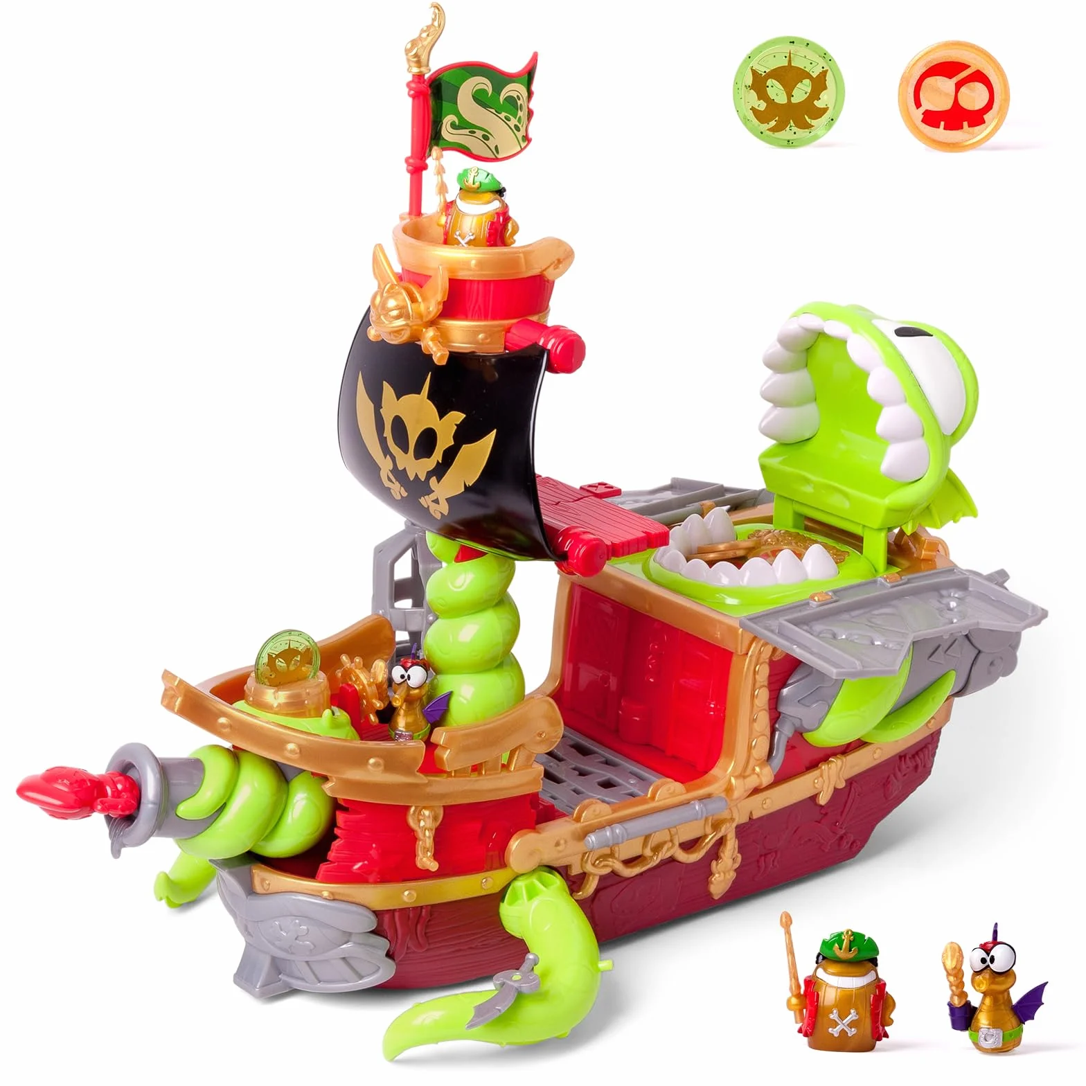 PIRATIX Kraken Ship – Statek piracki Piratix.Zestaw zawiera:1 Kraken Ship,2 Piratiksy z akcesoriami,1 pocisk armatni,1 monetę, 6 złotych monet,1 ekskluzywną banderę,1 miecz,1 kotwicę i 1 więzienie.